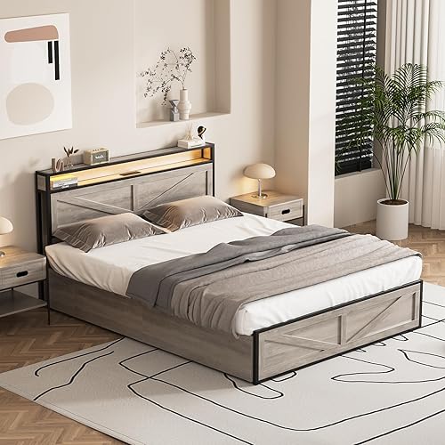 Miniatura 9 de Base de cama LED de tamaño matrimonial con estación de carga y 4 cajones, plataforma de metal con cabecero, puertos USB, marco de cama de granja con