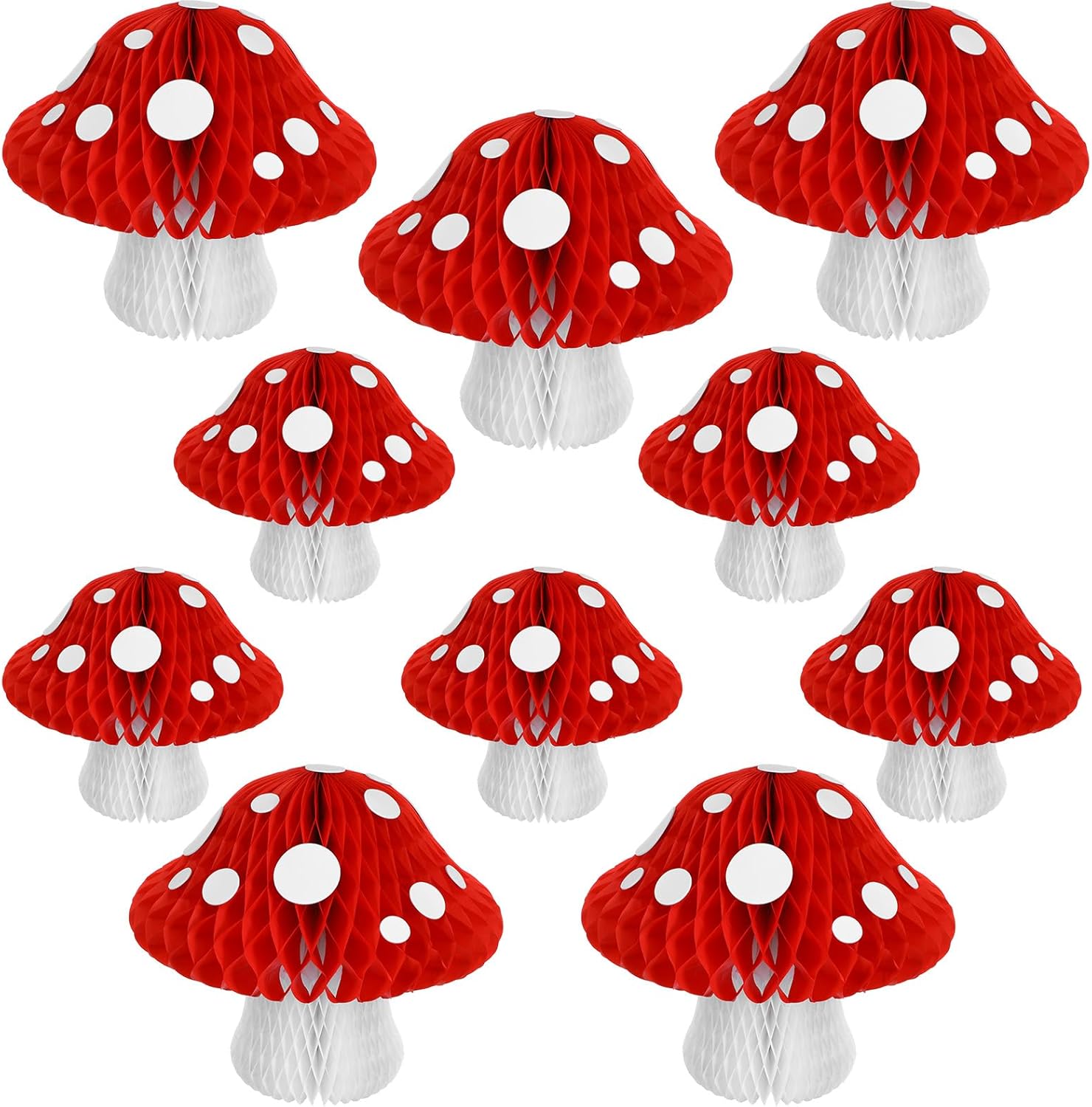 10 Pack Mushroom Shaped Honeycomb Paper Lanterns, 3D Honeycomb Paper Lanterns 2 Sizes Mushroom Party Decorations for Birthday Party Garden Room Decor (Red)