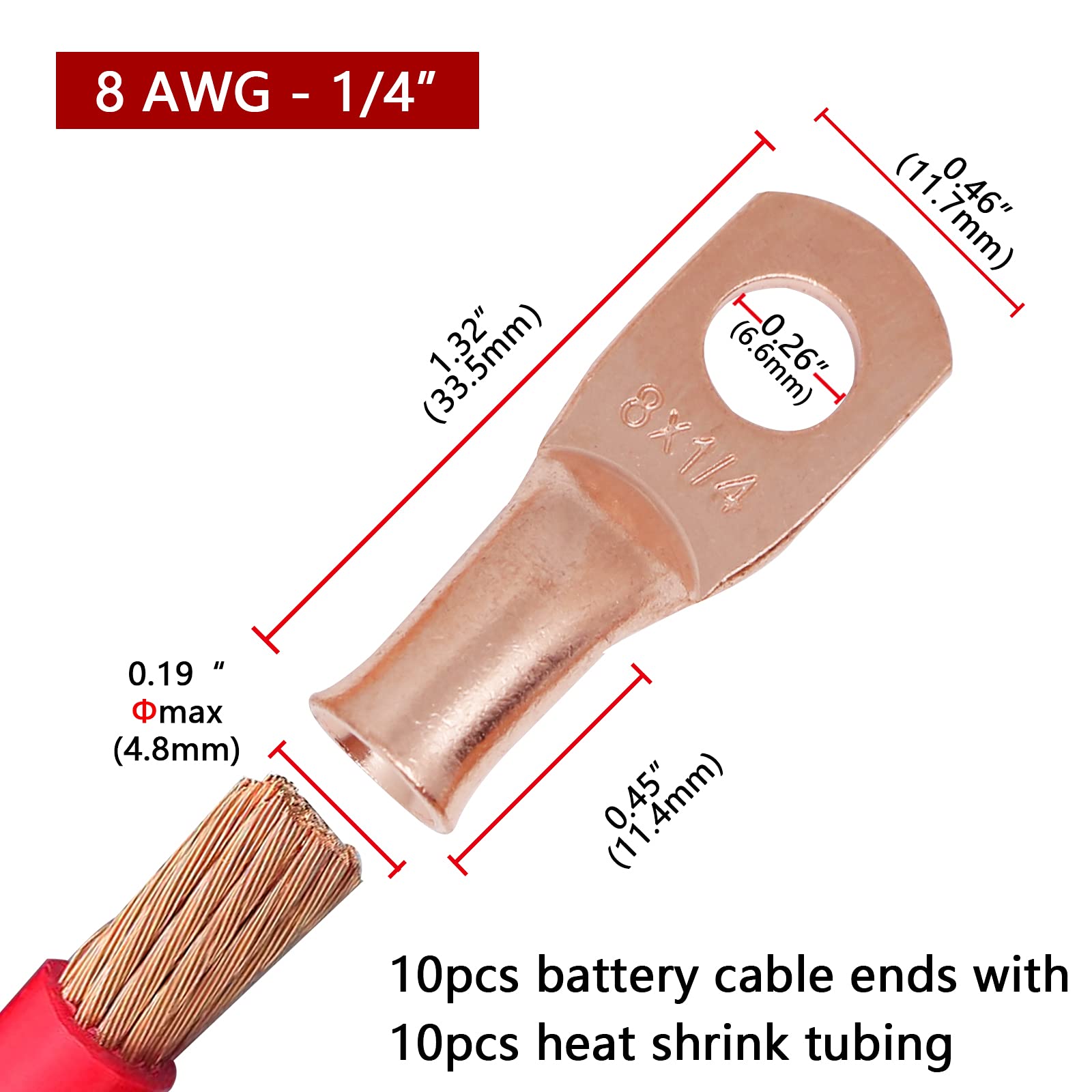 TKDMR 10pcs 8 AWG1/4 Battery Lugs,Copper Wire Lugs