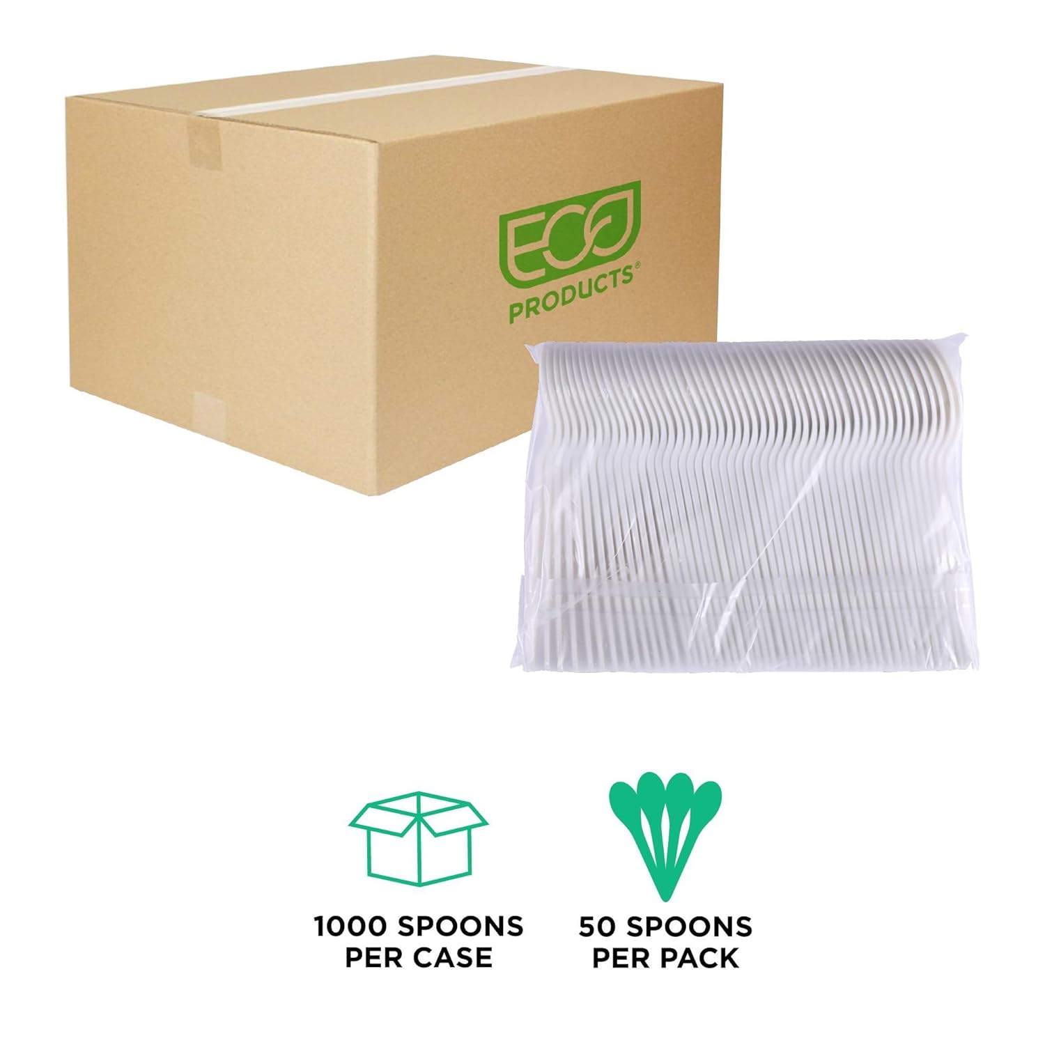 Eco-Products Compostable CPLA 6" Plastic Soup Spoons, Case of 1000, Disposable White Spoon, Plantware Cutlery, Renewable Material Made from Plants, Sturdy and Strong, BPI-Certified