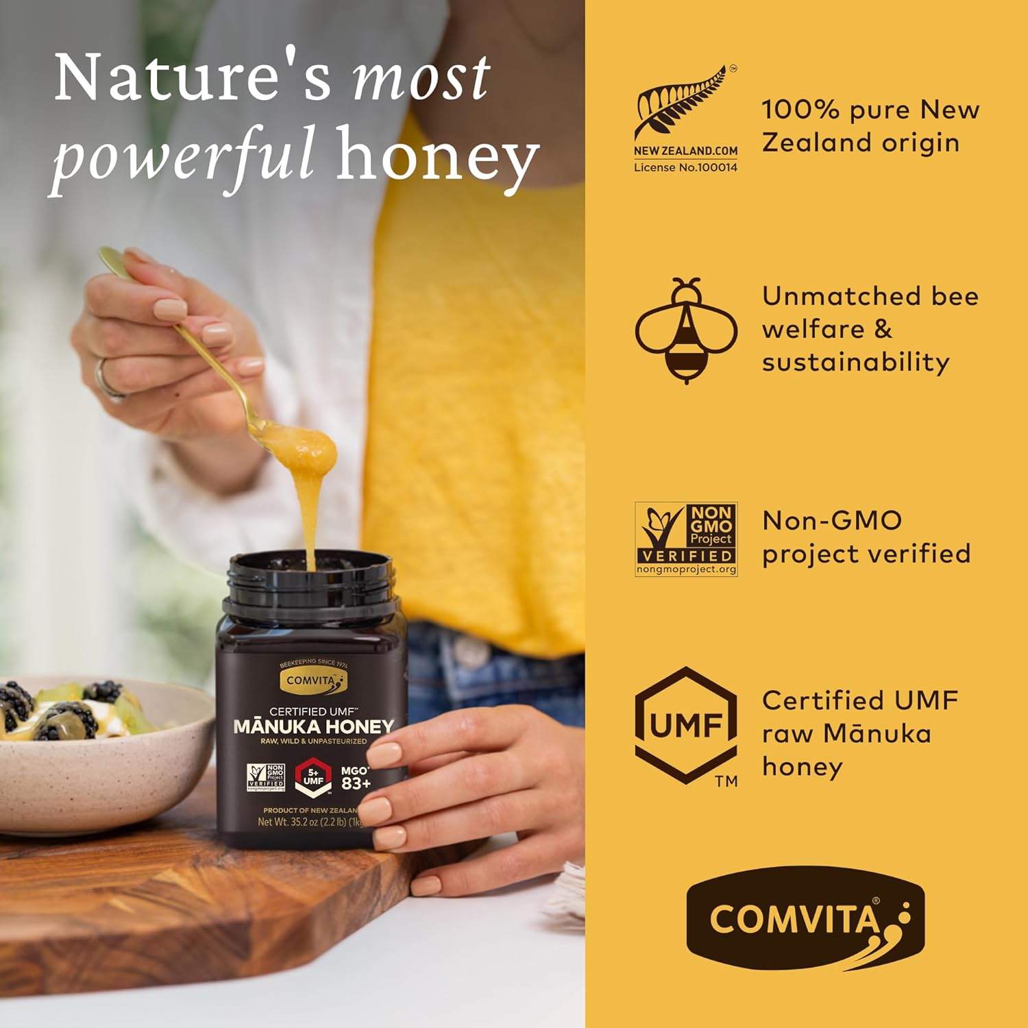 Comvita Manuka Honey UMF 5+ (MGO 83+) - Raw Manuka Honey New Zealand, Pure & Unpasteurized, Superfood for Immune Health, Use in Tea, Wild, Monofloral, Non-GMO - 1kg (32.5 oz)