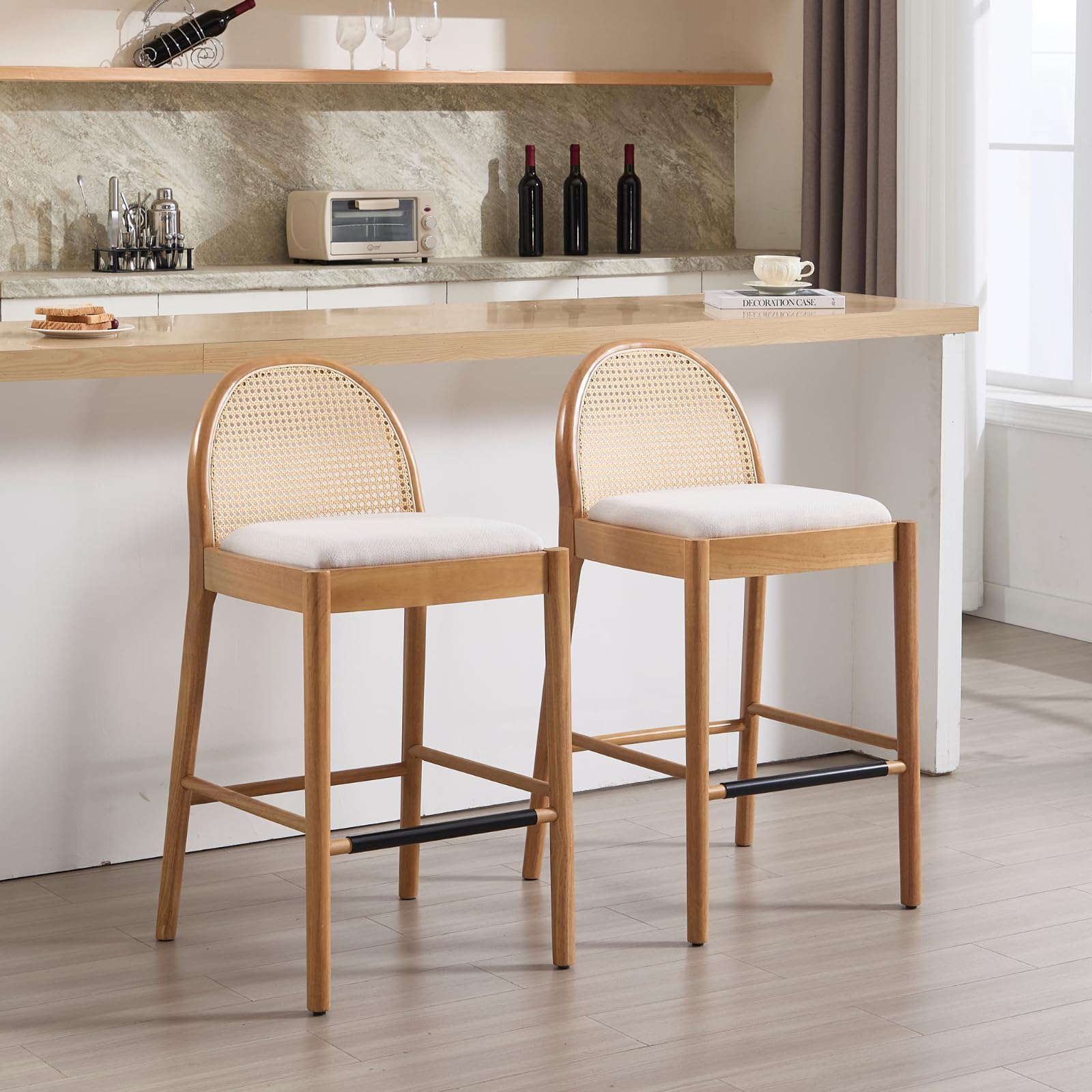 HEAH-YO Rattan Bar Stools Set of 2, 30 Inches Counter Height Bar Stools with Rattan Backrests and Wood Legs, Upholstered Linen Kitchen Stool for Island, Beige