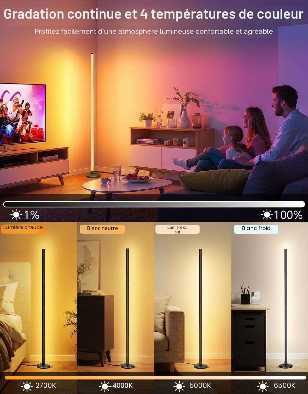OUTON Lampadaire LED 2-Pièces, RGBIC Dimmable, Synchronisation Musicale