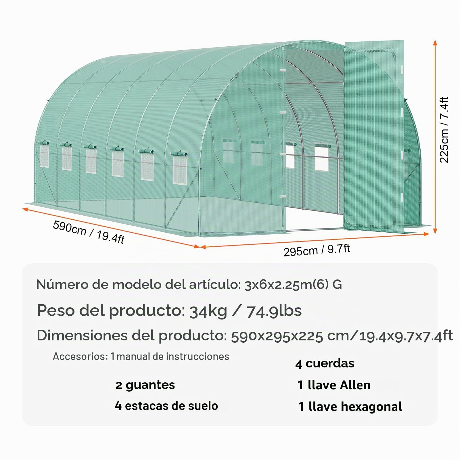 VEVOR Invernadero Túnel 590x295x225 cm Carpa Refugio para Plantas con Estructura de Acero Galvanizado Cubierta de PE Verde Puerta Enrollable con Cremallera 8 Ventanas para Cultivo de Verduras Flores