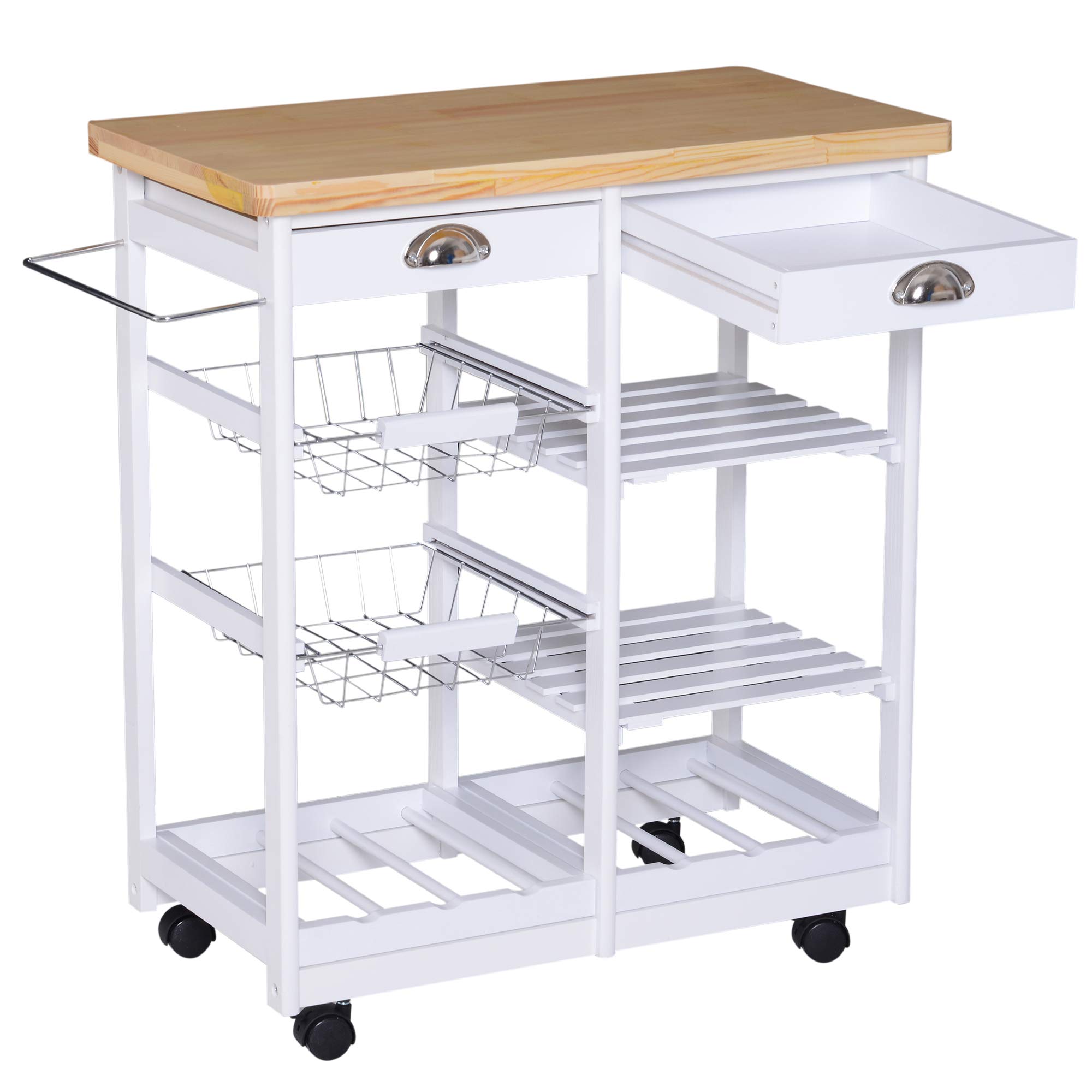 Chariot de service desserte de cuisine à roulettes multi-rangements 74L x 37l x 76H cm plateau bois massif pin châssis MDF blanc