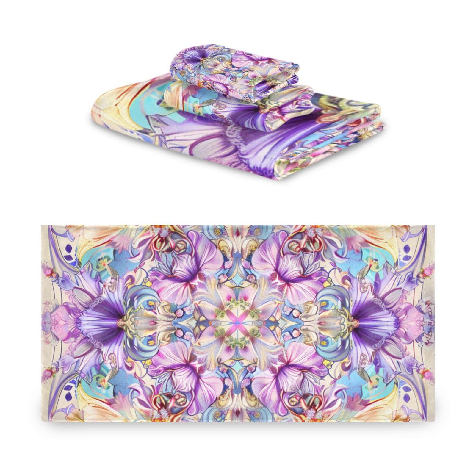 Set di 3 asciugamani decorativi per il viso in stile bohémien, motivo floreale viola, 1 asciugamano da bagno, 1 asciugamano per le mani, 1 panno per la casa, la cucina e la famiglia