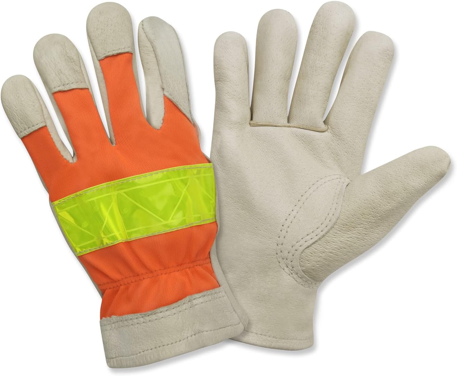 Cordova F8821S Premium Grain Pigskin Driver Gloves, Unlined, Hi-Vis Orange Back, Lime Reflective Tape On Back, Keystone Thumb, Small, 12-Pack