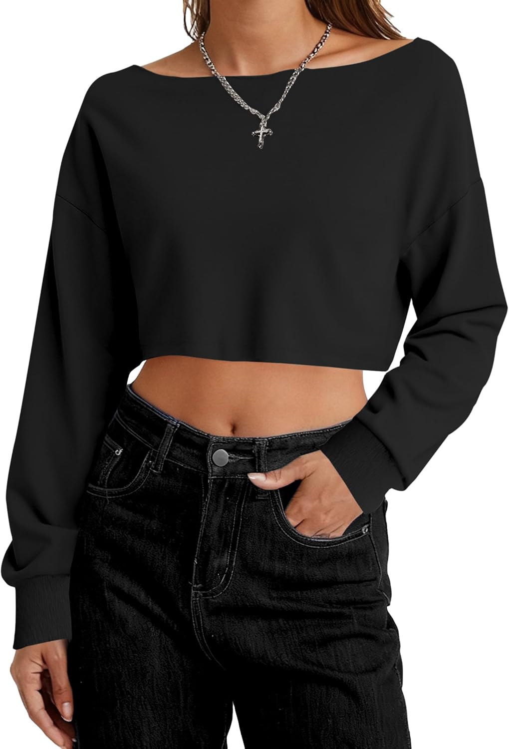 Remidoo Women's Off the Shoulder Cropped Sweatshirt Asymmetrical Neck Long Sleeve Crop Tops - Image 2