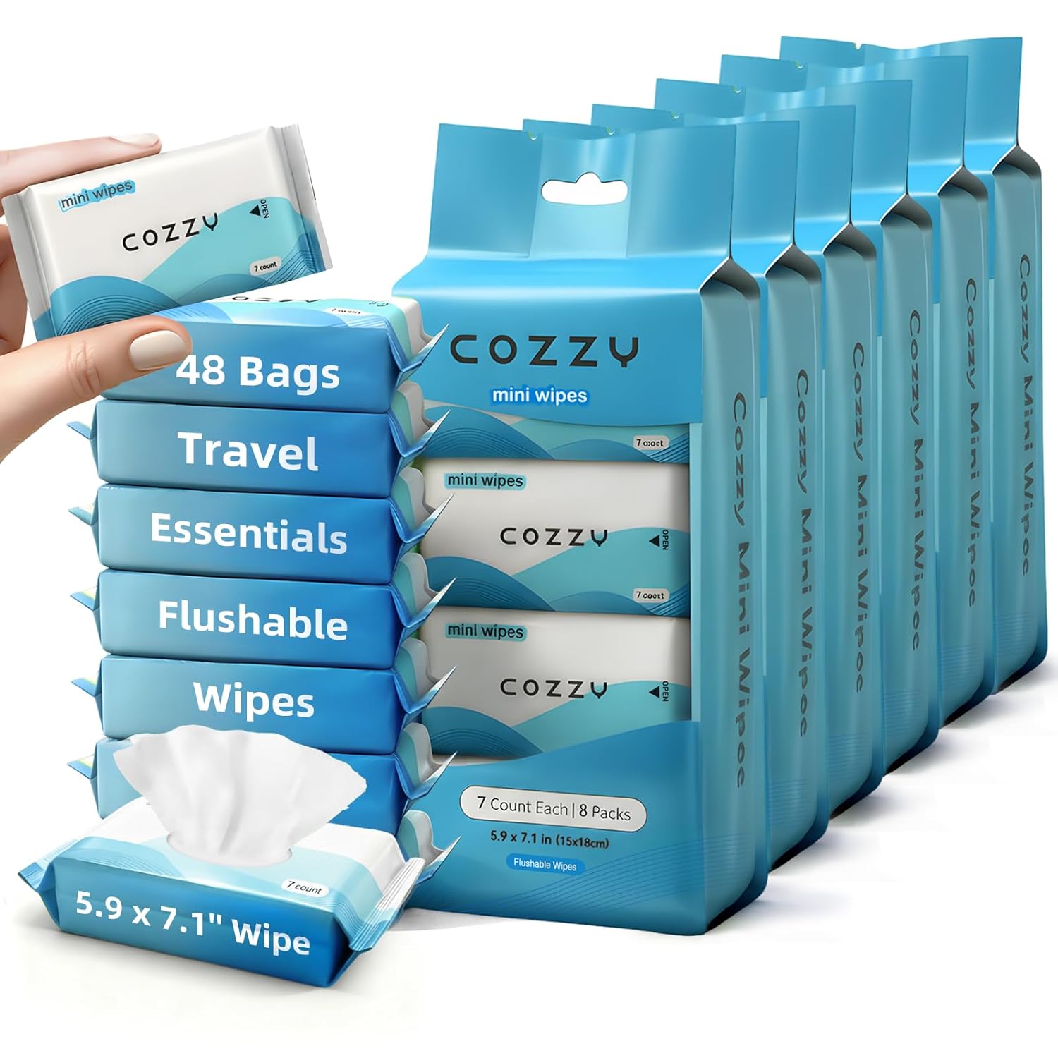 COZZY Travel Flushable Wipes - Hypoallergenic & Unscented with 99.6% Water - Alcohol-Free, Plant-Based - Travel Essentials for Adults, Kids & Babies - 48 Packs (336 Total Wipes)