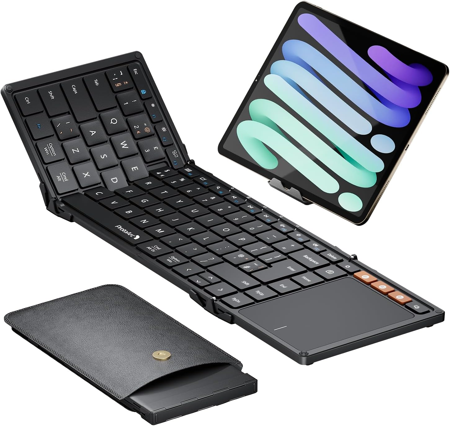 XK01 TP Foldable Bluetooth Keyboard with Touchpad, Full Size Keys, Folding Portable Travel Keyboard with Large Trackpad for Android Windows iOS Tablet Laptop PC Smartphone - Black