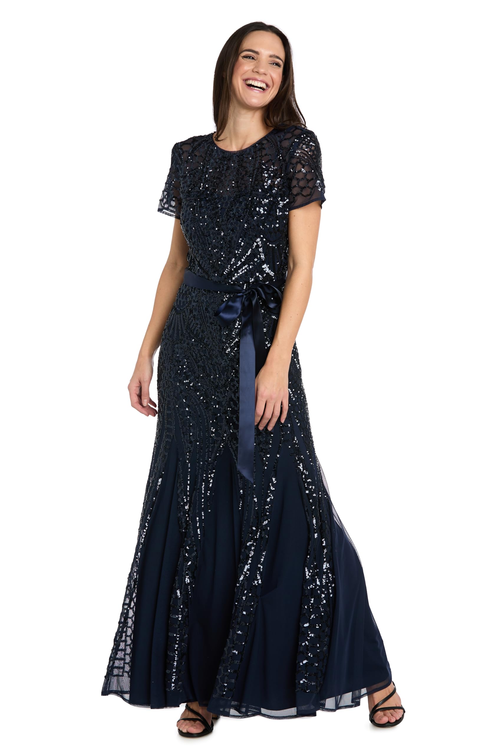 R&M Richards Women's One Piece Short Sleeve Embelished Sequins Gown Dress, Navy, 20