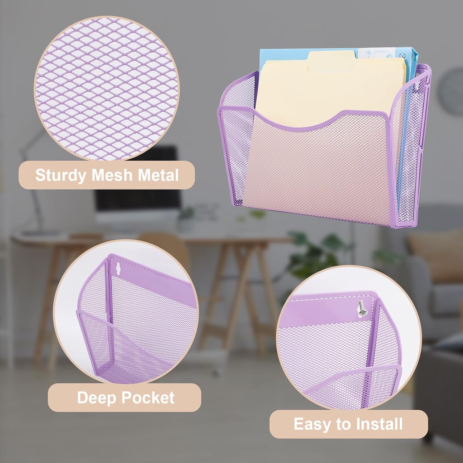 EASEPRES 3 Single Pocket Mesh Hanging File Organizer, Vertical Wall Mounted Magazine File Holder, Mount Basket Mail Paper Document Folder Organizing for Office, Home and School, Light Purple image 3