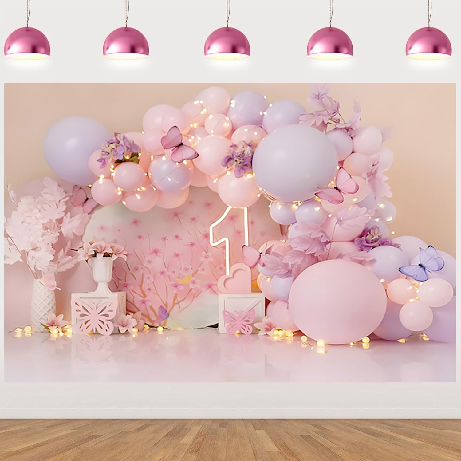 2,7 x 1,8 m rosa 1° compleanno sfondo rosa fiori viola palloncini farfalle 1° compleanno fotografia sfondo neonate festa di compleanno banner decorazioni torta tavolo foto puntelli