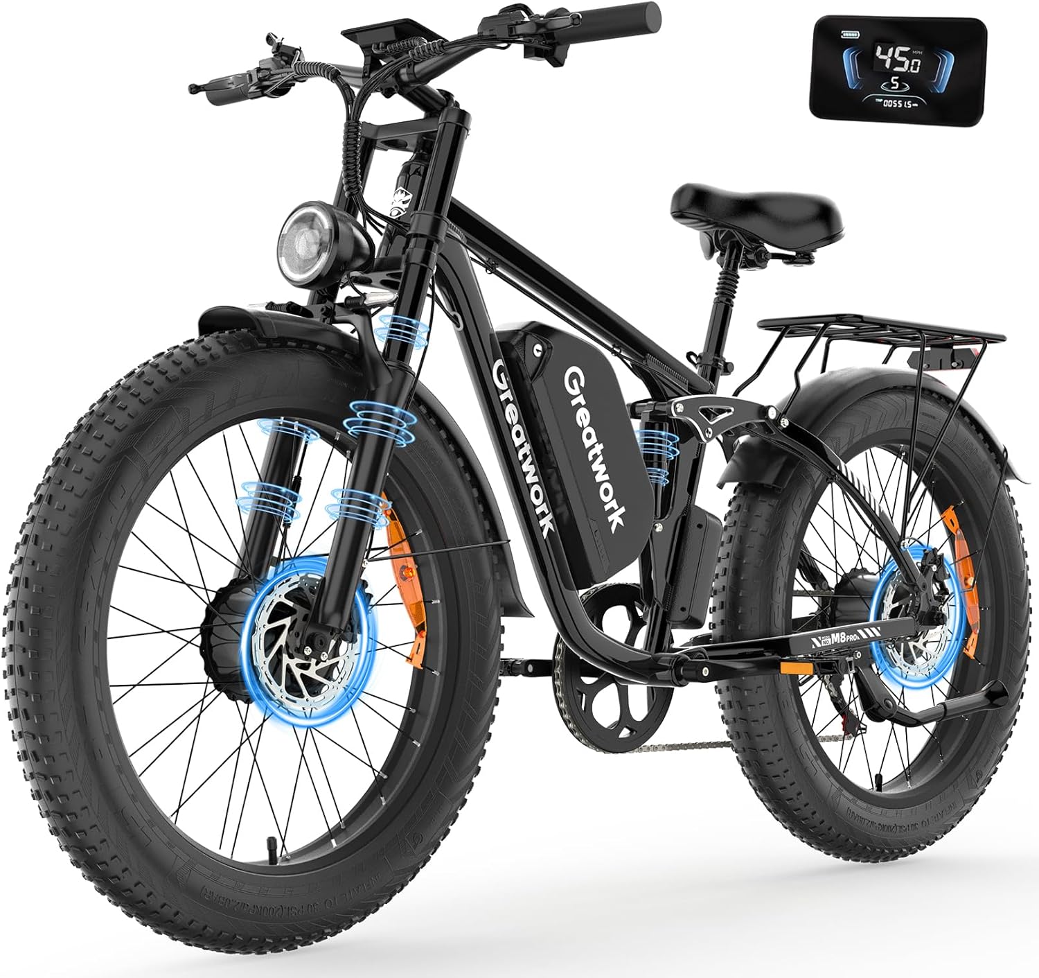 Dual Motor Electric Bike for Adults, 52V 4000/5000W Peak Motor, 40/45MPH, 1300Wh Battery, Up to 100 Miles Range, 26″ x 4.0 Fat Tire Ebike with 7-Speed, Suspension, Turn Signals and Dual Disc Brakes