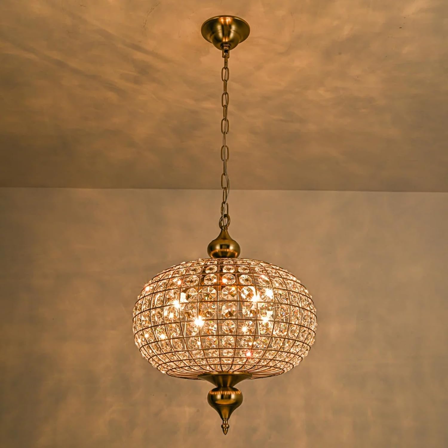 Bofea-Crystal Globe Chandelier 16.5 in Modern Gold Pendant Light for Dining Room Adjustable Foyer Chandelier 4-Light Antique Brass Chandeliers Round Crystal Chandeliers for Living Room,Bedroom