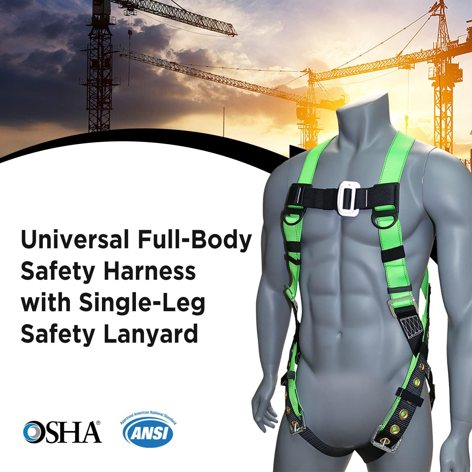 AFP Universal Full-Body Safety Harness w/Dorsal D-Ring Tongue Buckle Legs High-Viz Green, Shock Absorbing Lanyard (OSHA/ANSI)