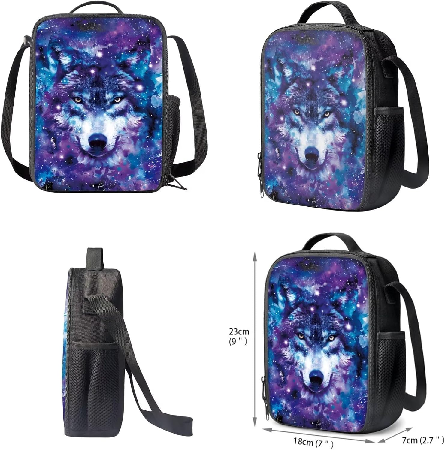 COEQINE Galaxy Wolf Backpack For Girls 6-8 Middle School Backpack For Girls Insulation Lunch Boxes for Kids With Water Bottle Holder Case Strap Large Pencil Case For High School, Blue