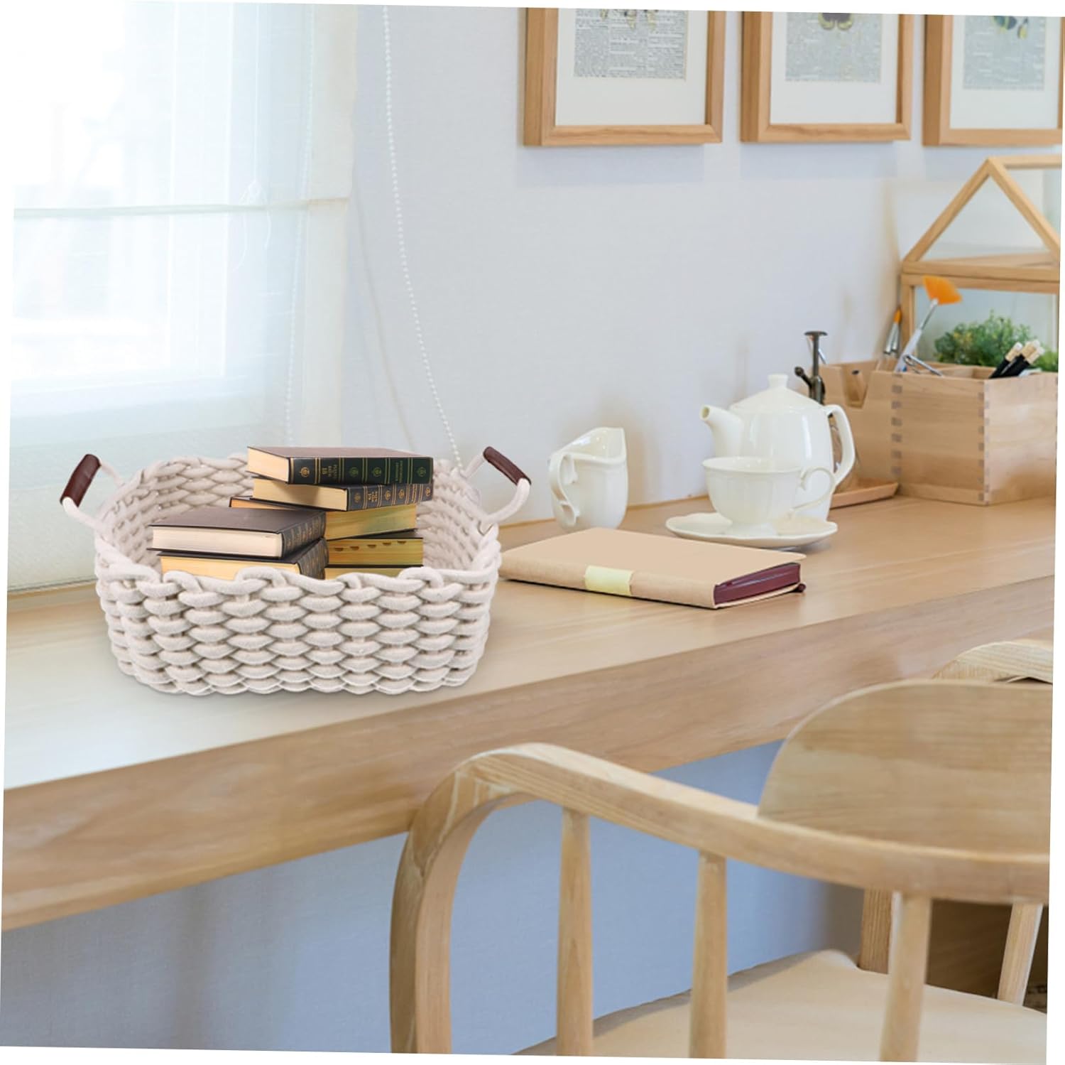 Housoutil 3pcs White Woven Storage Basket Set with Thick Cotton Rope, Portable Nesting Storage Organizers for Home, Pantry, and Picnic Use