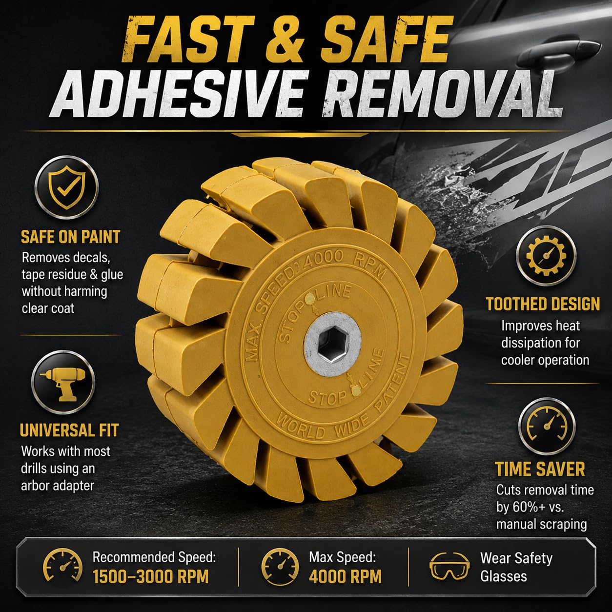 Rubber Eraser Wheel for Decal Removal, 4 Inch Adhesive Remover Wheel with Toothed Design, Safe on Paint for Removing Stickers Tape Vinyl Graphics Glue, 4000 RPM Max
