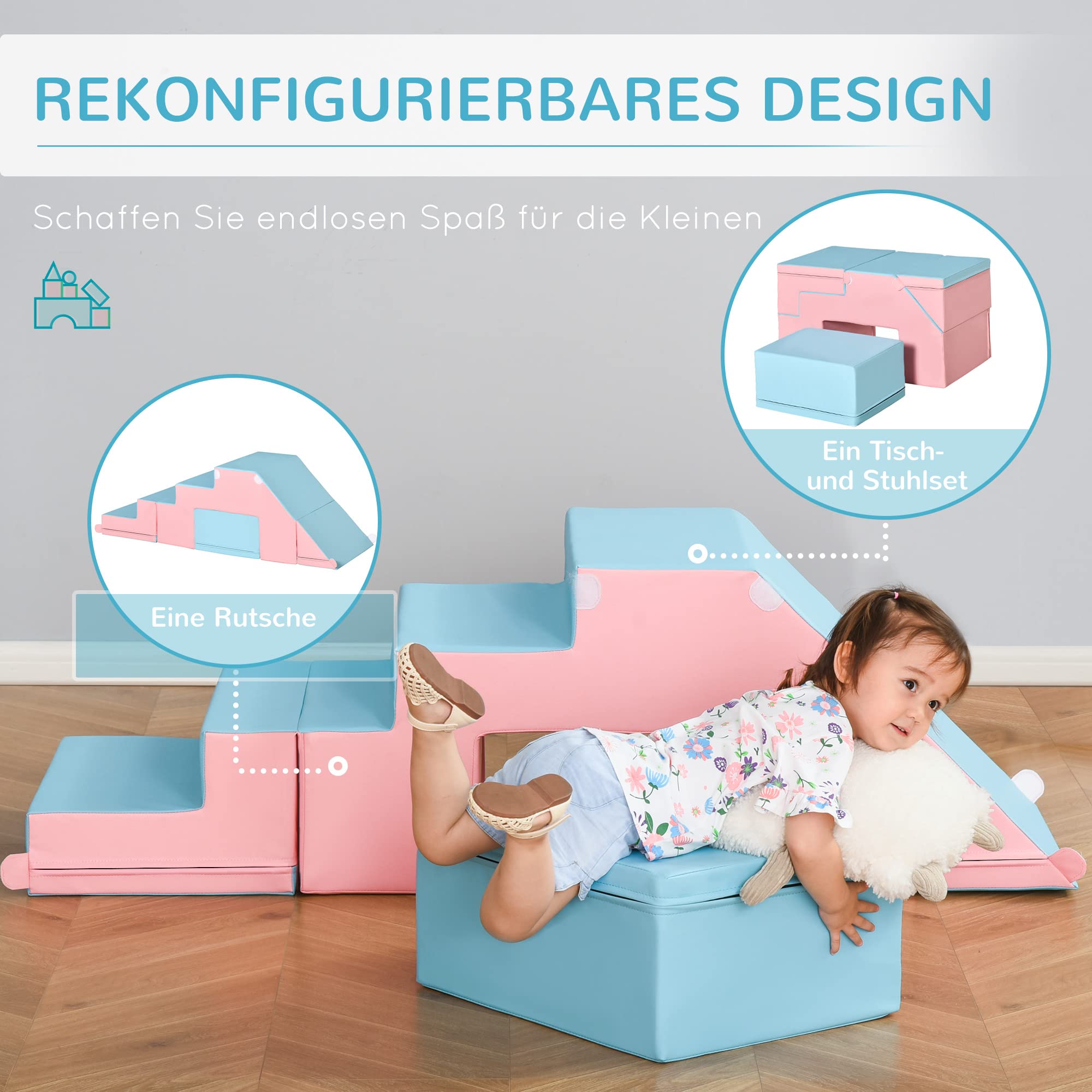 HOMCOM Kinder bouwblokken set, schuimblokken, vierkant, trap, helling, kunstleer, meerkleurig
