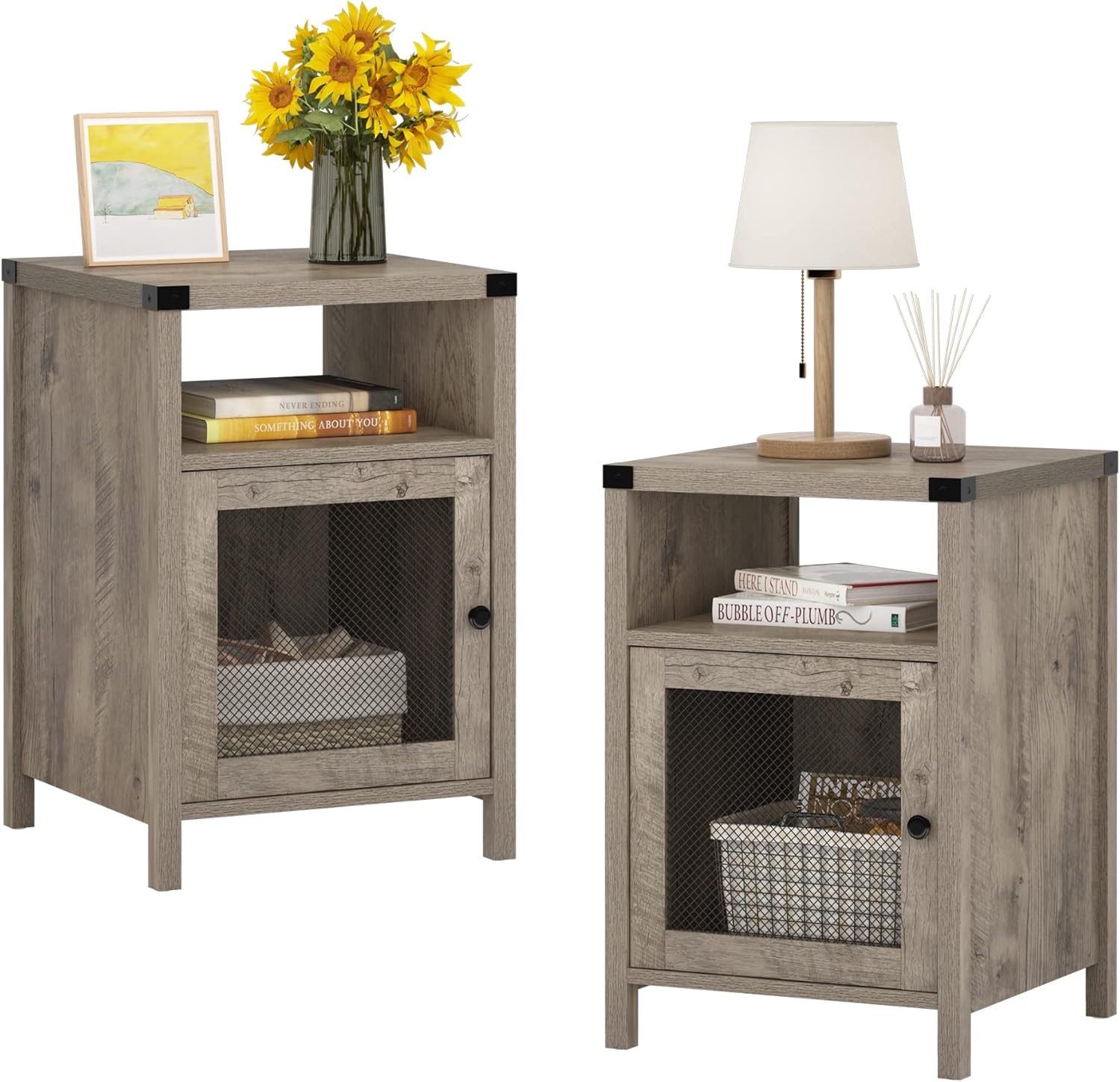 JAXPETY Farmhouse Wood Nightstand, Bed Sofa Side Table with Shelf, Metal Mesh Door