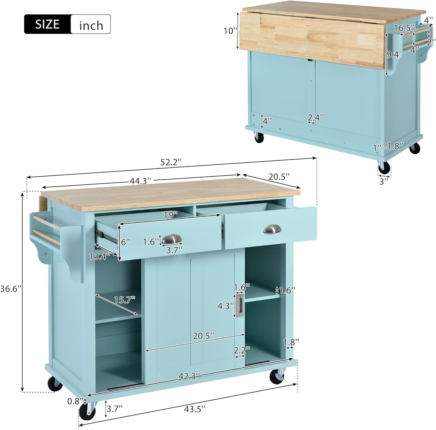 Rolling Kitchen Island with Storage, Kitchen Cart with Rubber Wood Top, 2 Drawer, Sliding Barn Door and Internal Storage Rack, Kitchen Island on Wheels with Spice Rack & Tower Rack (Mint Green)