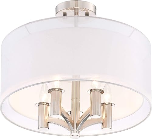 Miniatura 6 de Possini Euro Design Caliari - Lámpara de techo moderna semiempotrada, níquel cepillado de 18 pulgadas de ancho, 5 luces transparentes de lino blanco