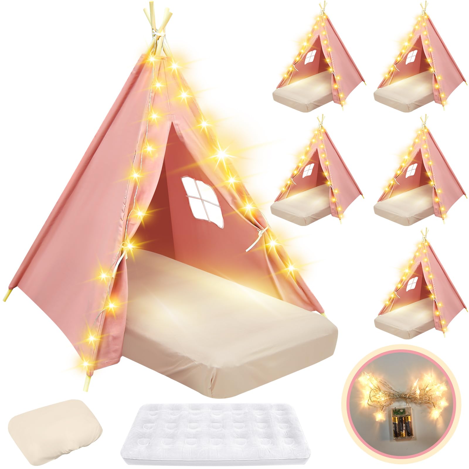 Photo 1 of **SEE NOTES** Windyun 6 Pack Kids Teepee Tent Bulk with Light String & Bedding Fitted Sheet, Natural Cotton Toddler Play Tent Washable Foldable Tent for Girls Boys Indoor Outdoor (Pink)