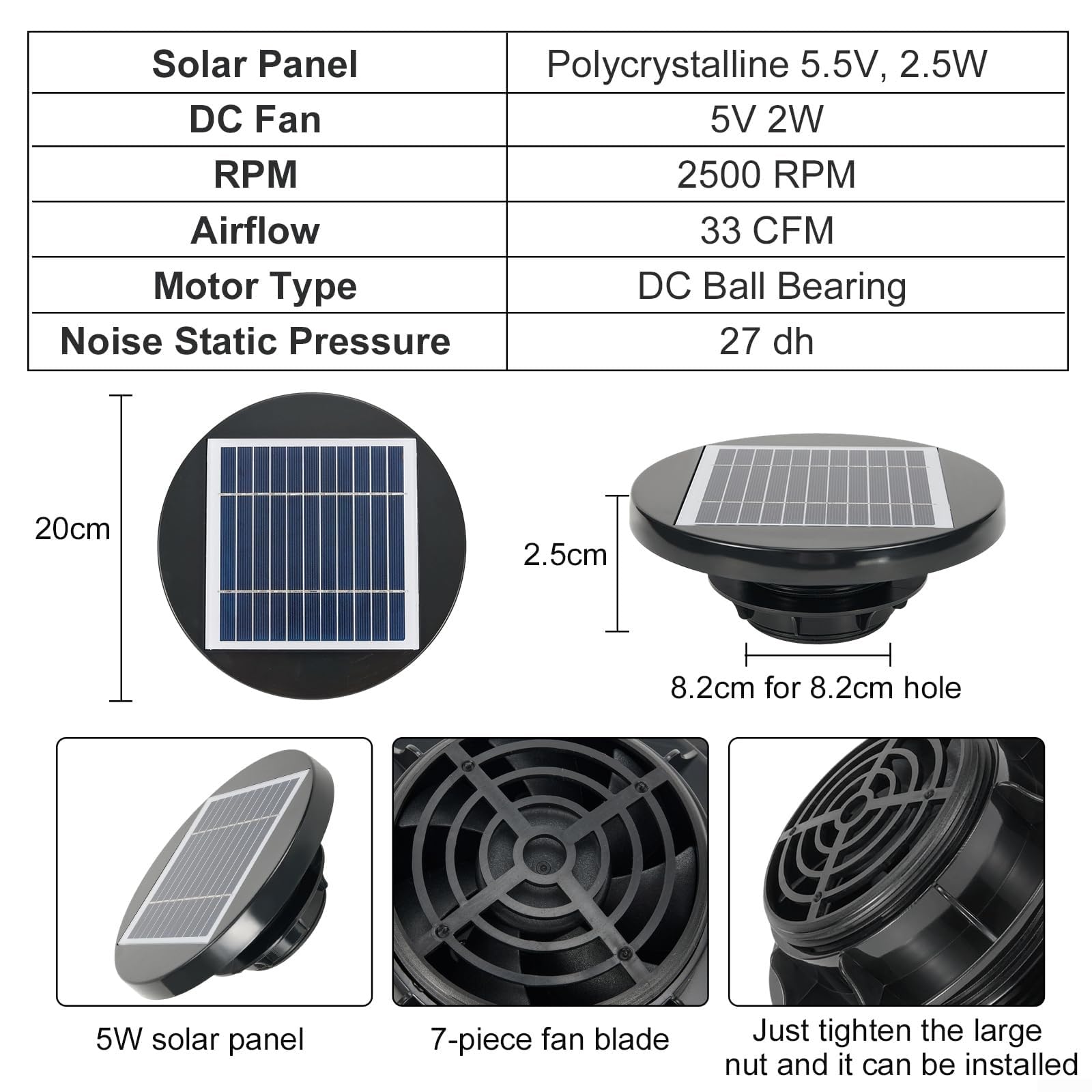 Solar Ventilator, 5V 2W Solarbetriebene Deckenlüftung für Wohnmobile, 200 mm Durchmesser Solar-Abluftventilator Solarbetriebener Dachventilator für Wohnmobil, Marine, Schuppen, Anhänger