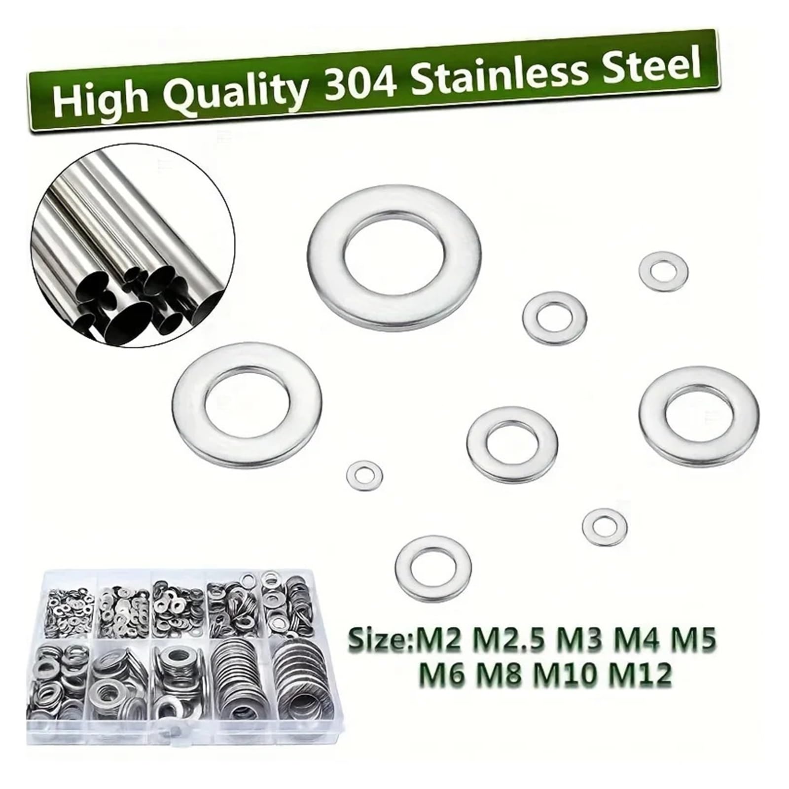 Kit surtido de arandelas planas de acero inoxidable de 1250 piezas (M2 M2.5 M3m4 M5 M6 M8 M10 M12) adecuado para decoración del hogar