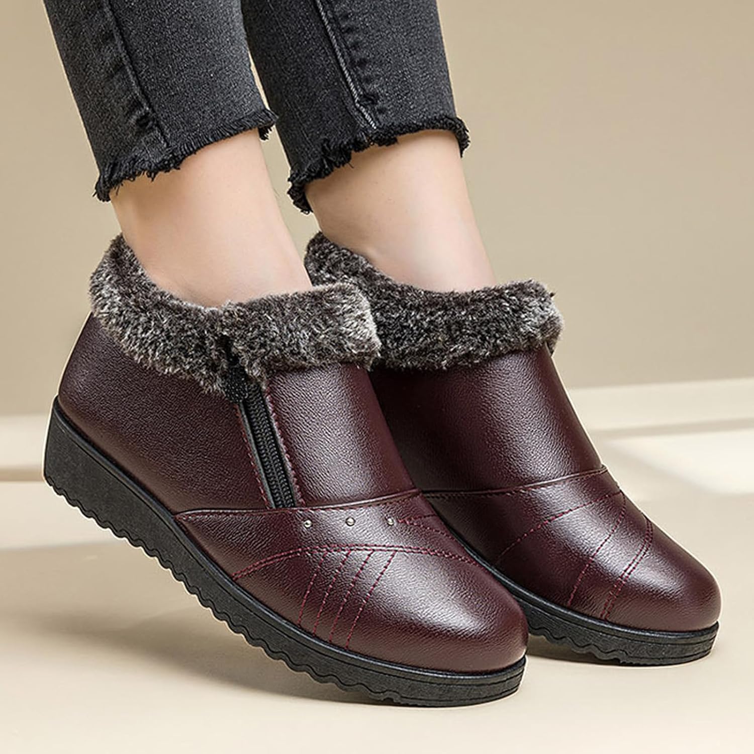 Women's Warm Lined Waterproof Leather Shoes Winter Casual Solid Color Round Toe PU Platform Ankle Boots with Side Zipper