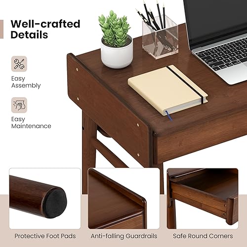 Miniatura 9 de Giantex Escritorio moderno de mediados de siglo, escritorio de computadora de bambú de 39.5 pulgadas con 2 cajones y estante de almacenamiento