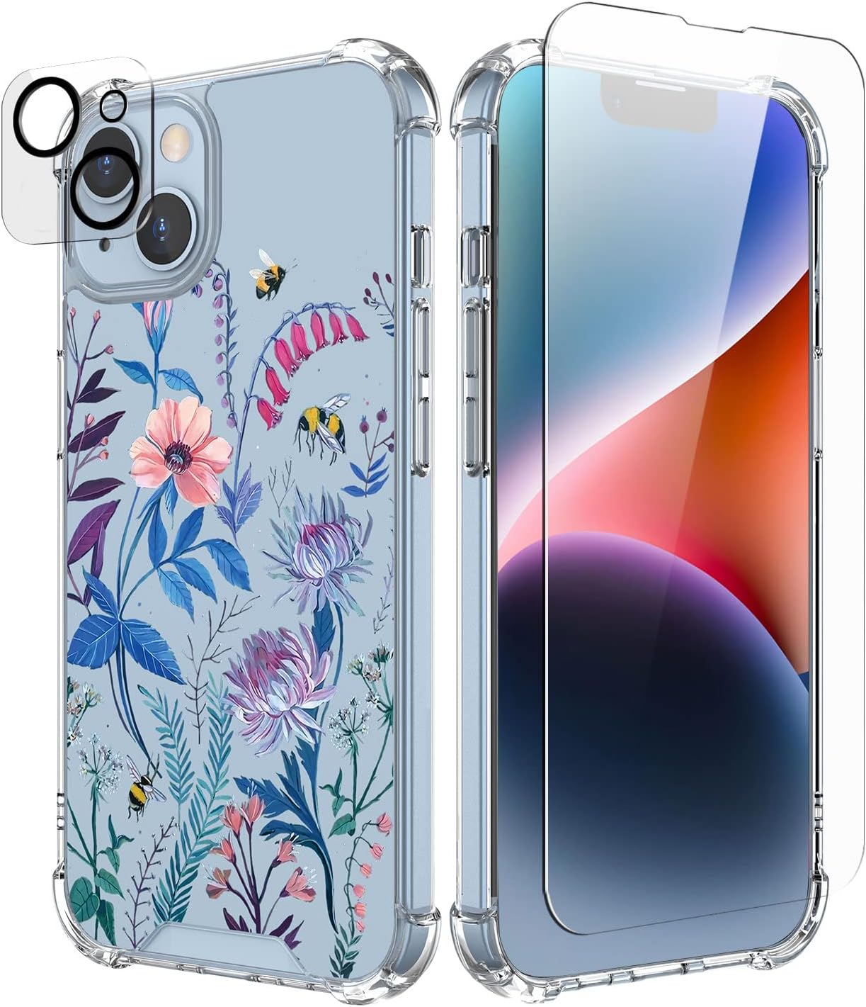 Cutebe [3 in 1 Crystal Phone Case for iPhone 13(2021)/iPhone 14(2022) 6.1", Cute Protective Cover with 9H Temper Glass Screen Protector + HD Temper Camera Lens Protector for Women, Girls