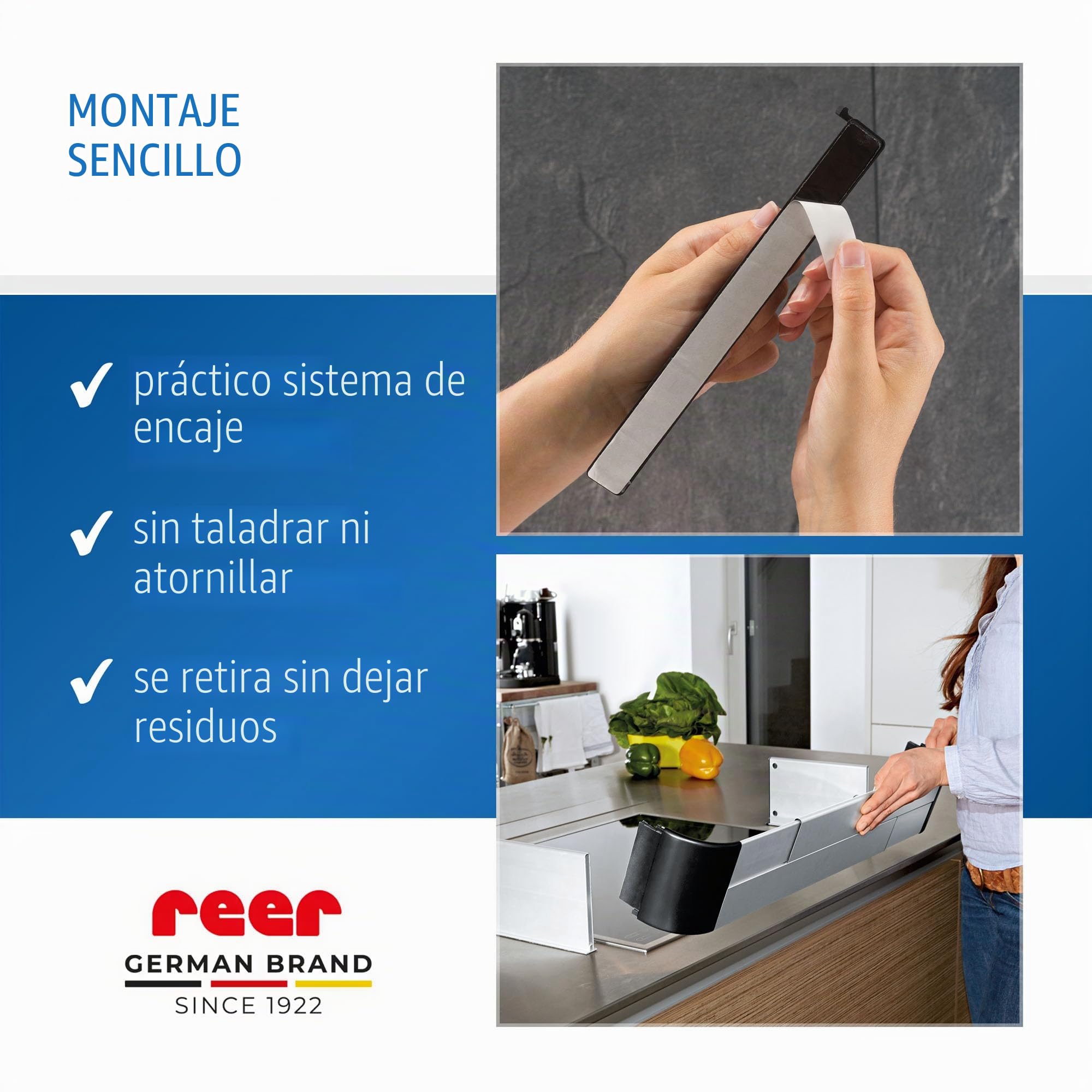Reer Rejilla protectora para cocina Premium XL para pegar, tamaño ajustable 57-90 cm, para inducción y cocina de gas, color plateado