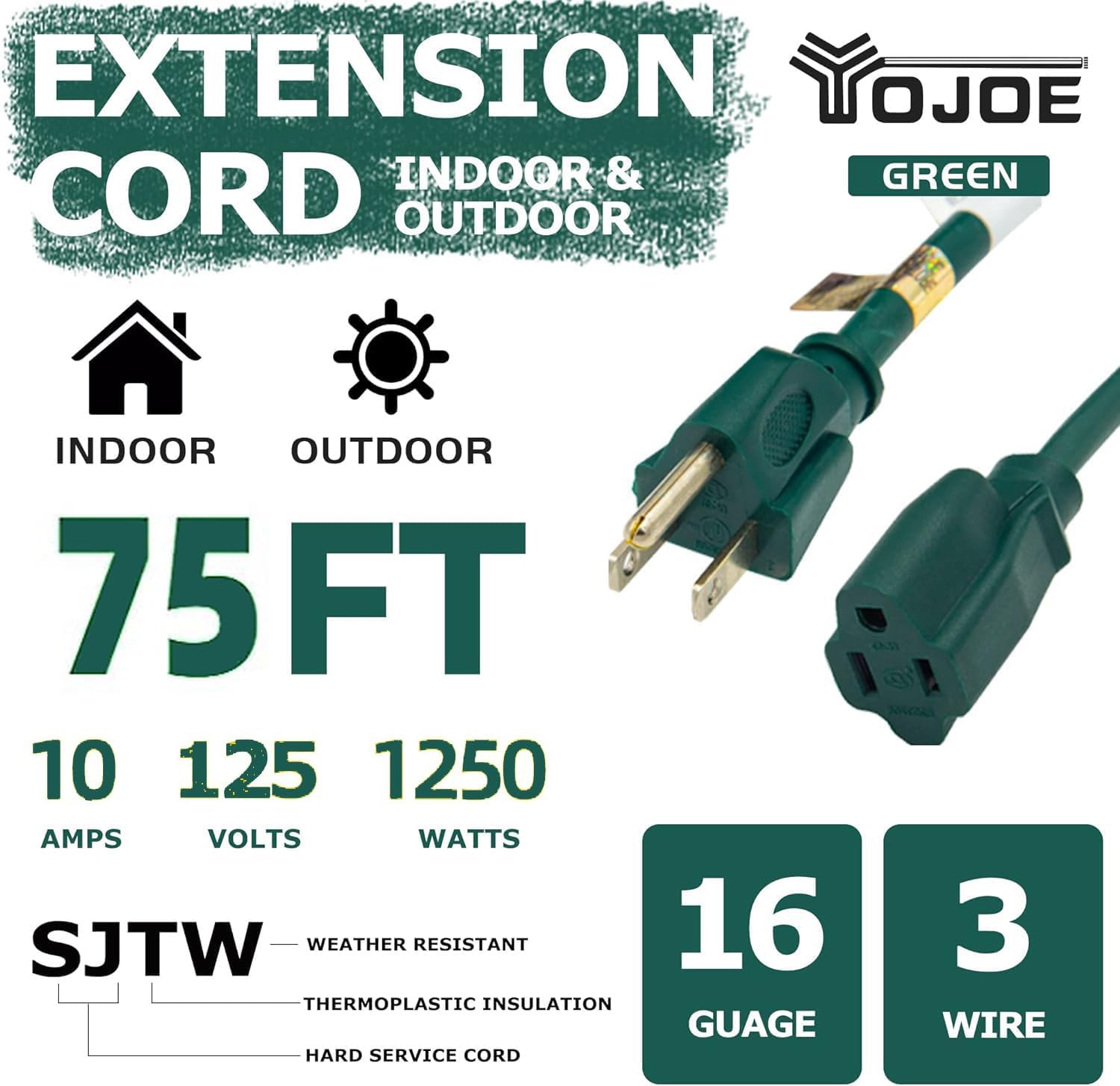 yojoe indoor outdoor extension cord, 3 prong 10a weatherproof power cord, 16 gauge heavy duty 75 ft green extension cord for garage, garden and home, 16/3 sjtw ul listed 75 foot 16/3 standard green