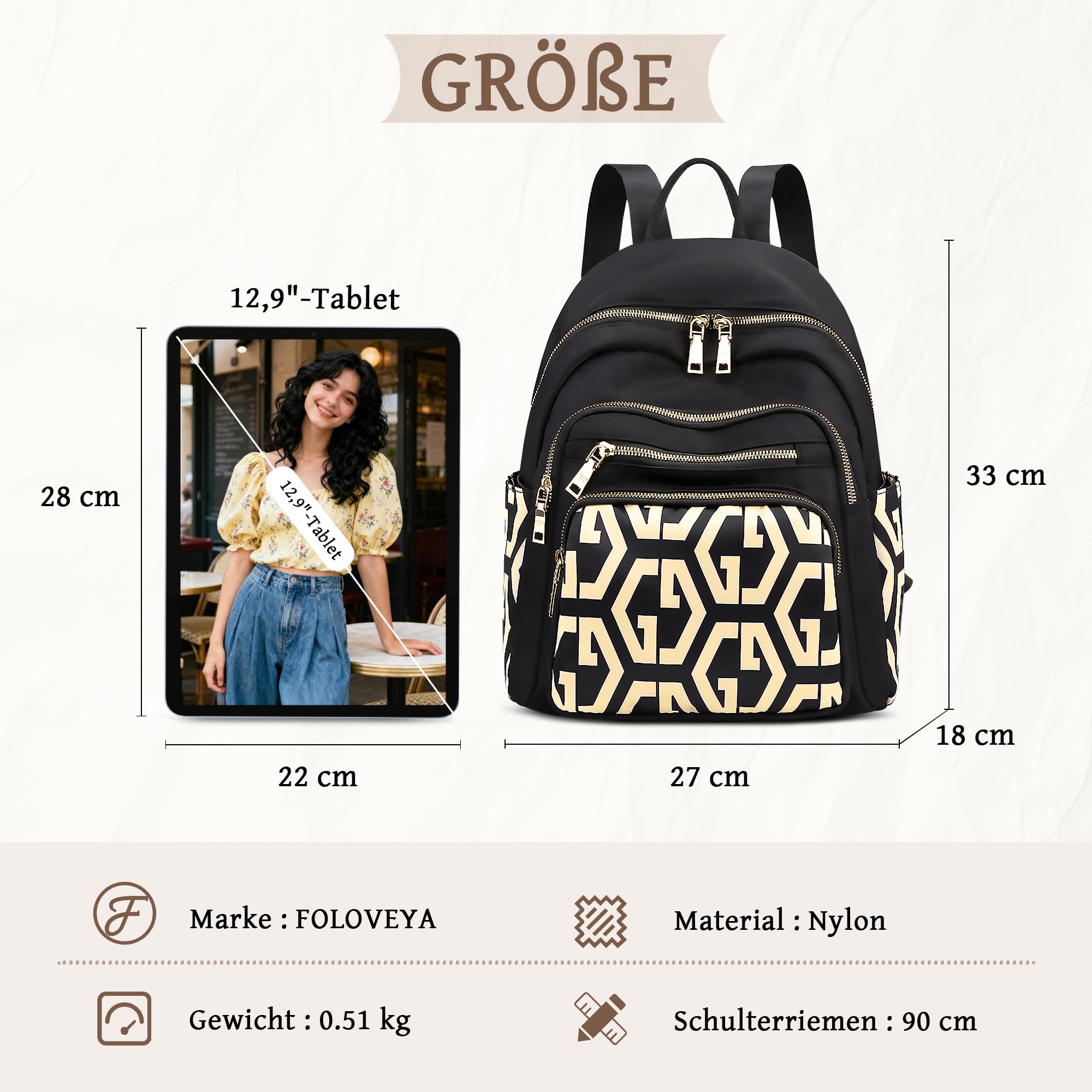 Rucksack Damen Elegant Umhängetaschen Wasserdichte Anti Diebstahl Tasche Casual Daypack Multifunktional Frauen Handtasche für Arbeit Reisen Uni Alltag Groß aus Polyester Beige Geometrisch