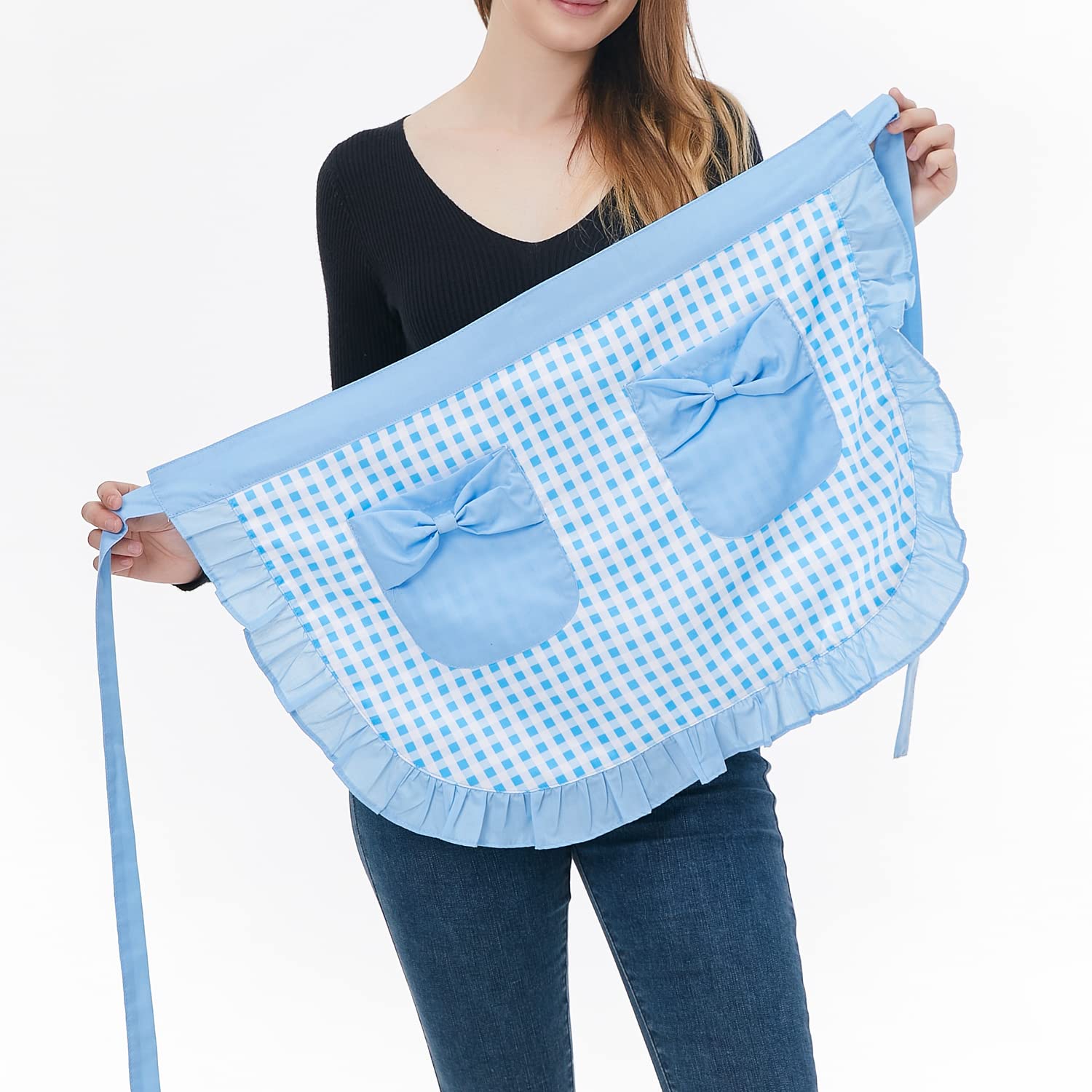 Love Potato Waist Apron with Pockets, Fashion Kitchen Cooking Restaurant Bistro Half Aprons for Girl Woman (Blue Plaid) - Image 4