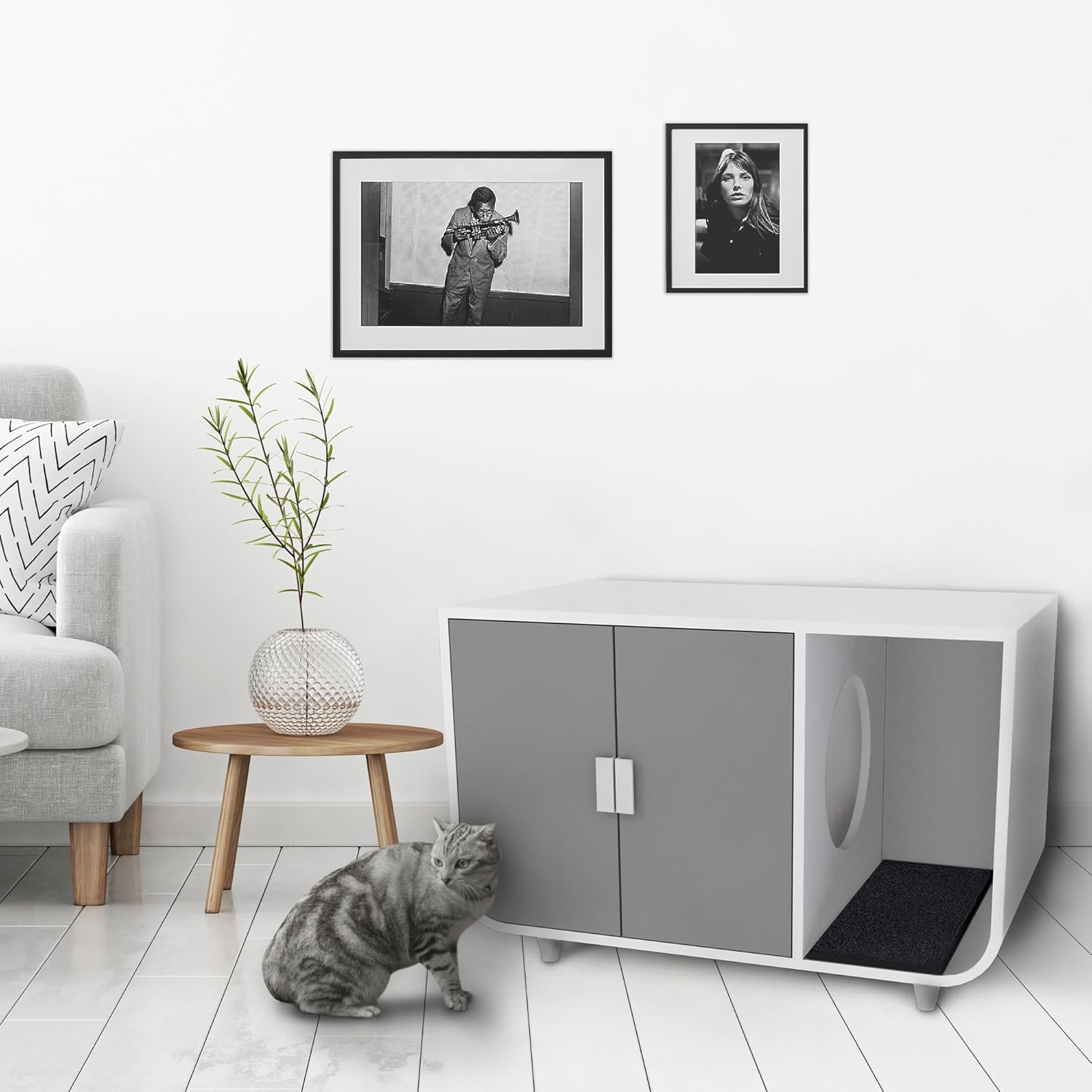 Dyad Cat Litter Box Enclosure and Furniture Hidden Cat Home Side Table Nightstand Indoor Pet Crate Alpine White Large