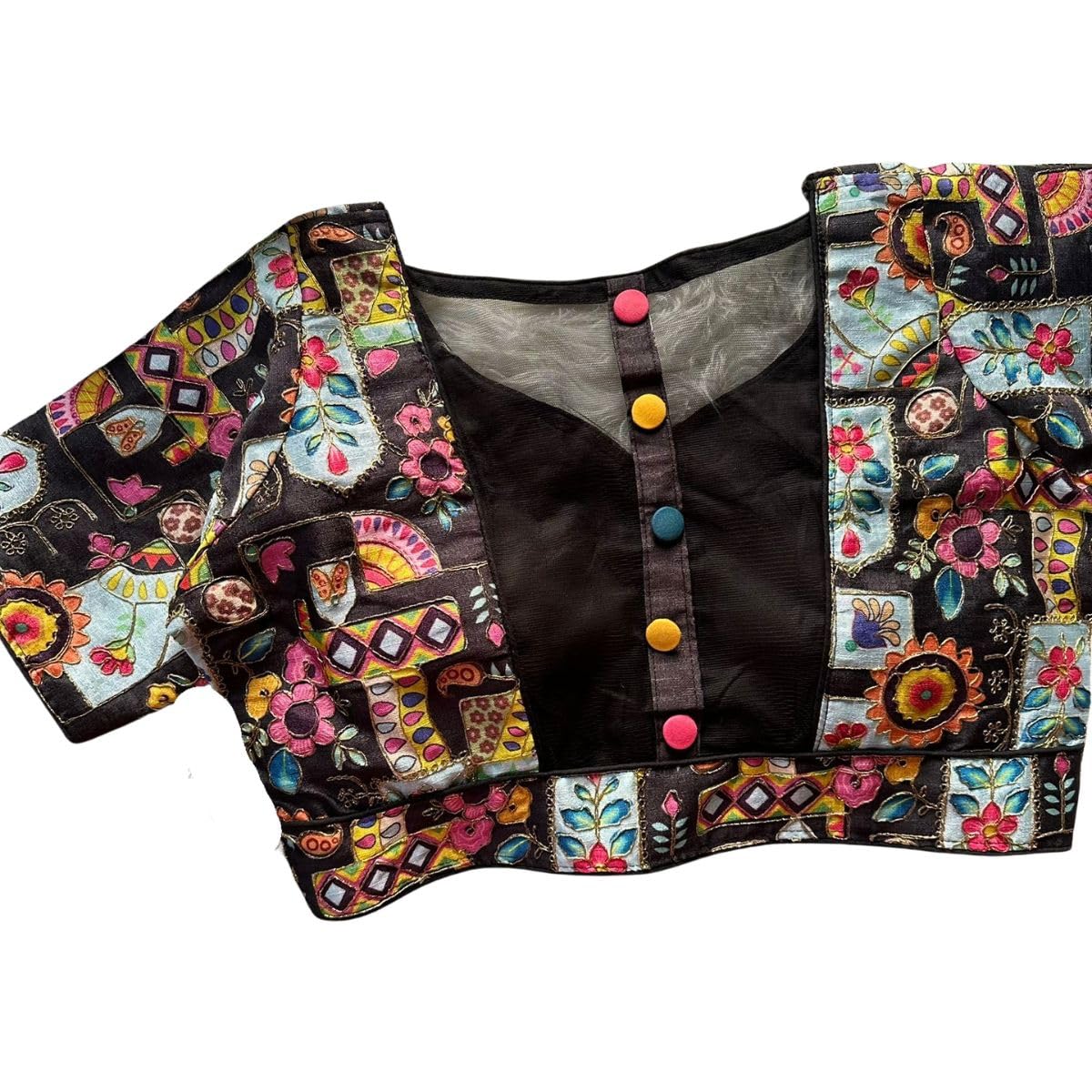 panday cloths Blouse Front Open with Hook Back Side Fancy Button Netted Open Sleeve 10 Inch Elbow Sleeve Size 38 Alterable Upto 42 Padded Cotton Lining (Only Blouse)-picture-13