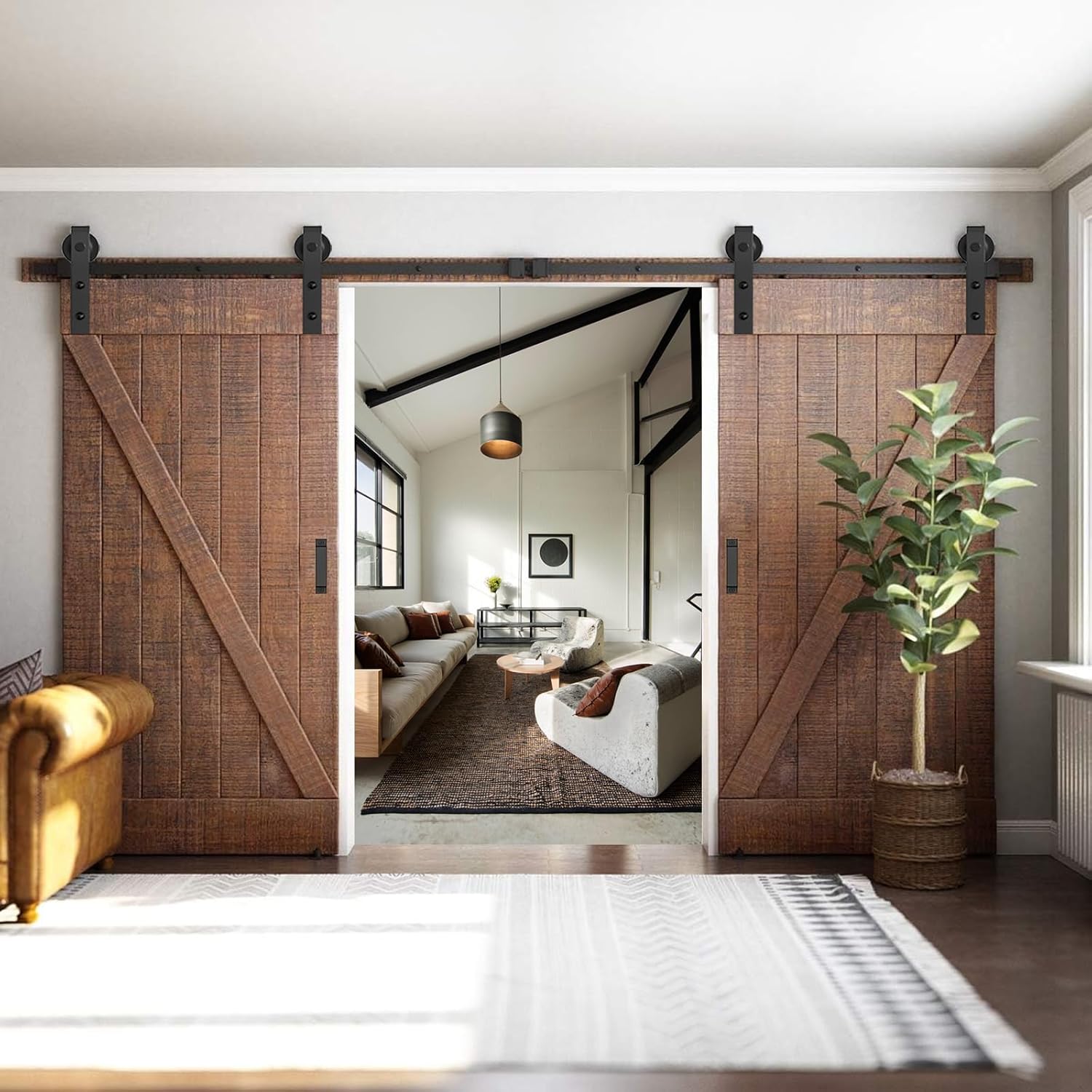 Arti-Life 10 FT Double Barn Door Hardware Kit Heavy Duty Sliding Door Track Kit with Hook and 2 Handles,Smoothly and Quietly Hardware for Interior and Exterior Fit 30" Wide Door Panel (J Shape Hanger)