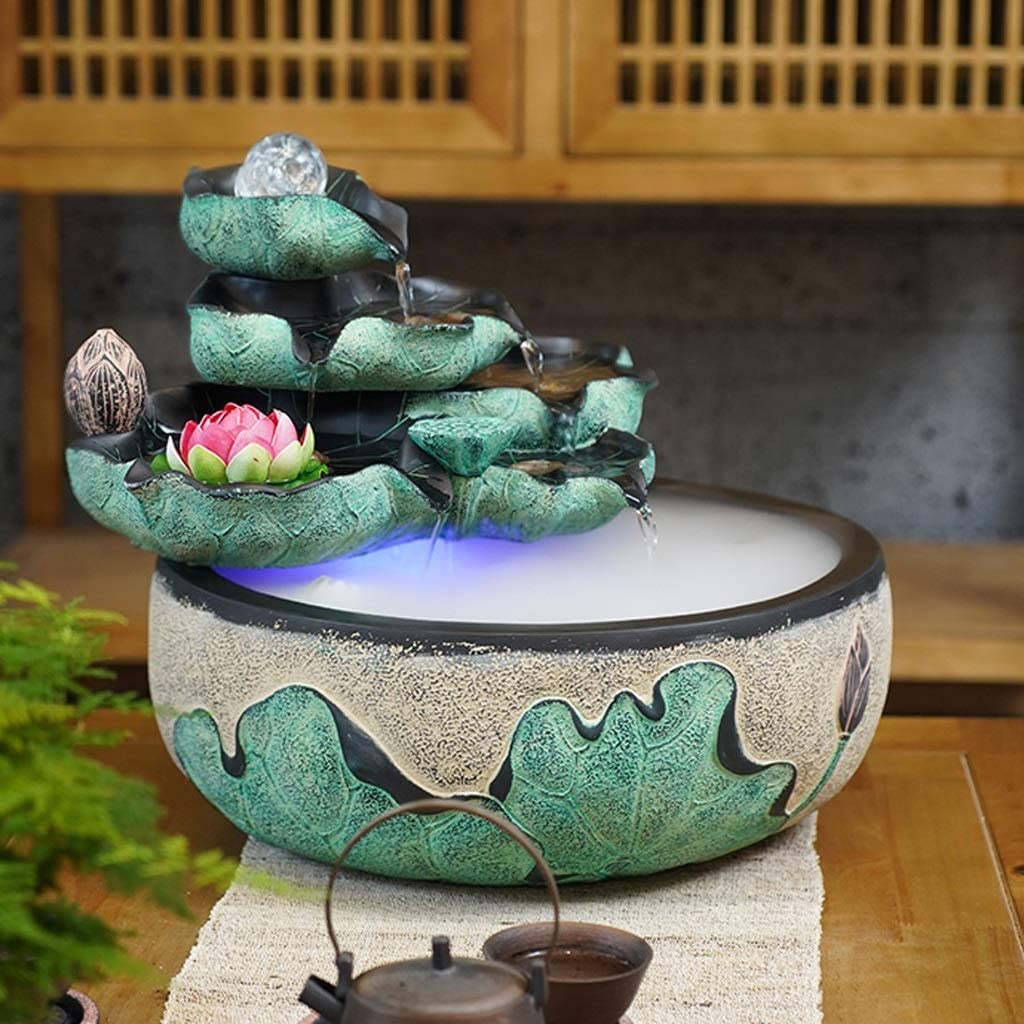 Fontana per Meditazione Casa Fontana Creativa da Tavolo in Resina Interna per Il Tempo Libero Cascata d'Acqua Stile Foglia di Loto Decorazioni per la casa Regalo Ufficio Soggiorno