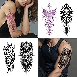 Yazhiji 77 Sheets Cyber Sigilism Temporary Tattoos Adult, 17 Sheets Cyber Seal Fake Arm Chest Shoulder Tattoo Stickers, 60 Sheets Tiny Black Tattoos for Women Men Kids