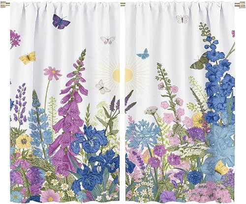 Miniatura 391 de Retro 70s Floral Blackout Window Curtains, Watercolor Flower Plant Rustic Modern Style Pattern Window Drapes, for Bedroom Living Room 42x45in 2