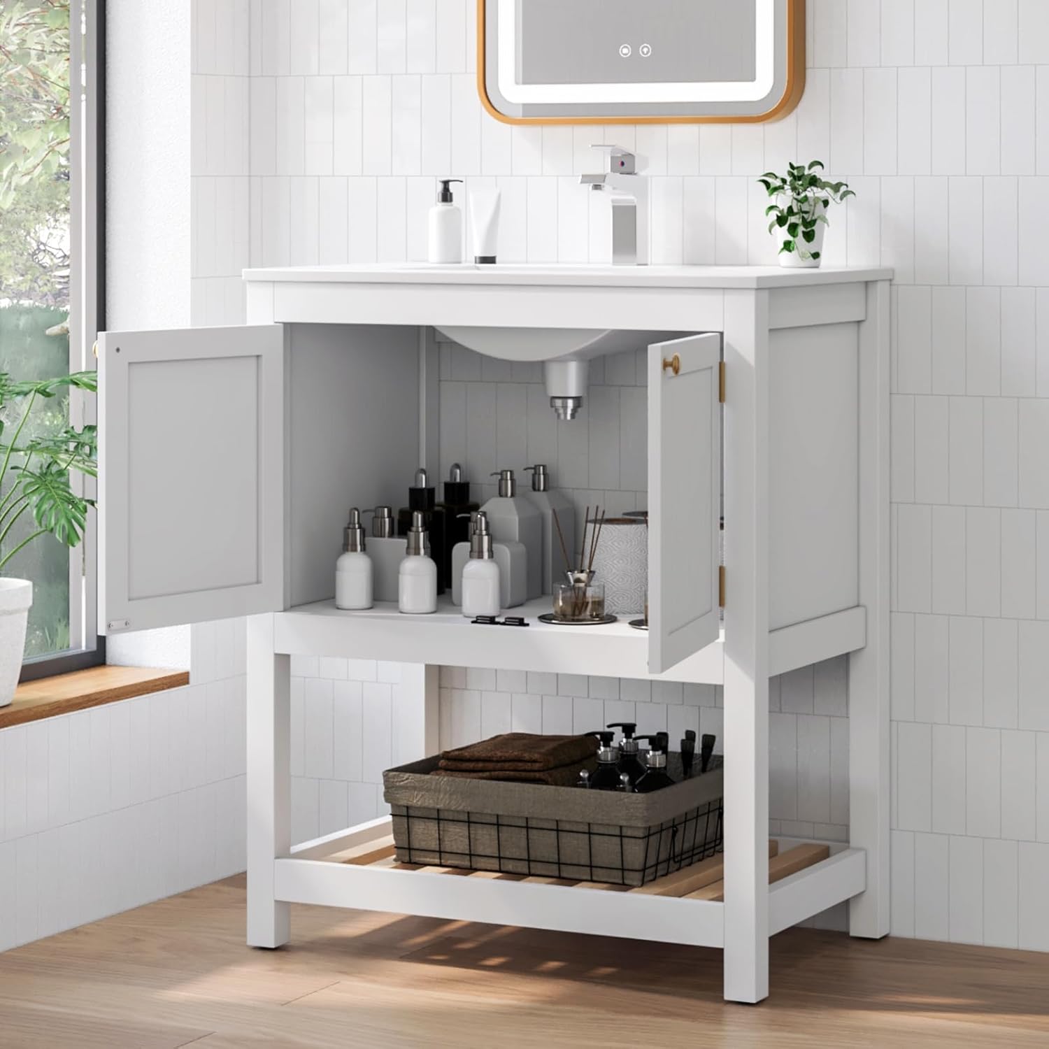 30 Inch Bathroom Vanity with Sink, Bathroom Vanity Cabinet with Ceramic Basin, Freestanding Bathroom Sink Cabinet with 2 Doors and Open Shelf, Modern Storage Vanity for Small Space (White)