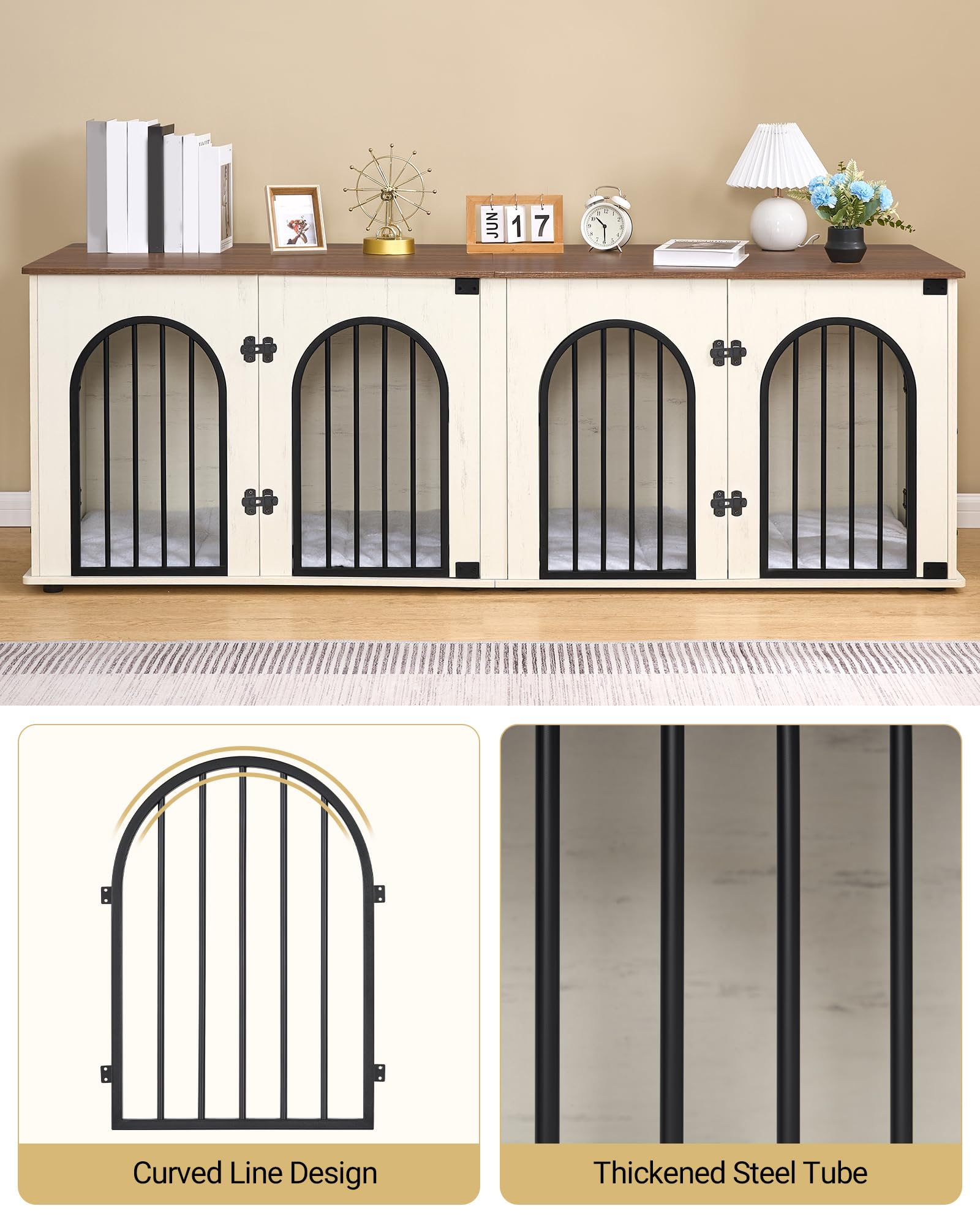 Hzuaneri Jaula para Perros Doble de Madera, Mueble Jaula con Divisor y Cojines para 2 Perros Medianos y Grandes, Mesa para Perros Estilo Mueble TV 180cm, Jaula Decorativa, Blanco y Marrón DFC91914B