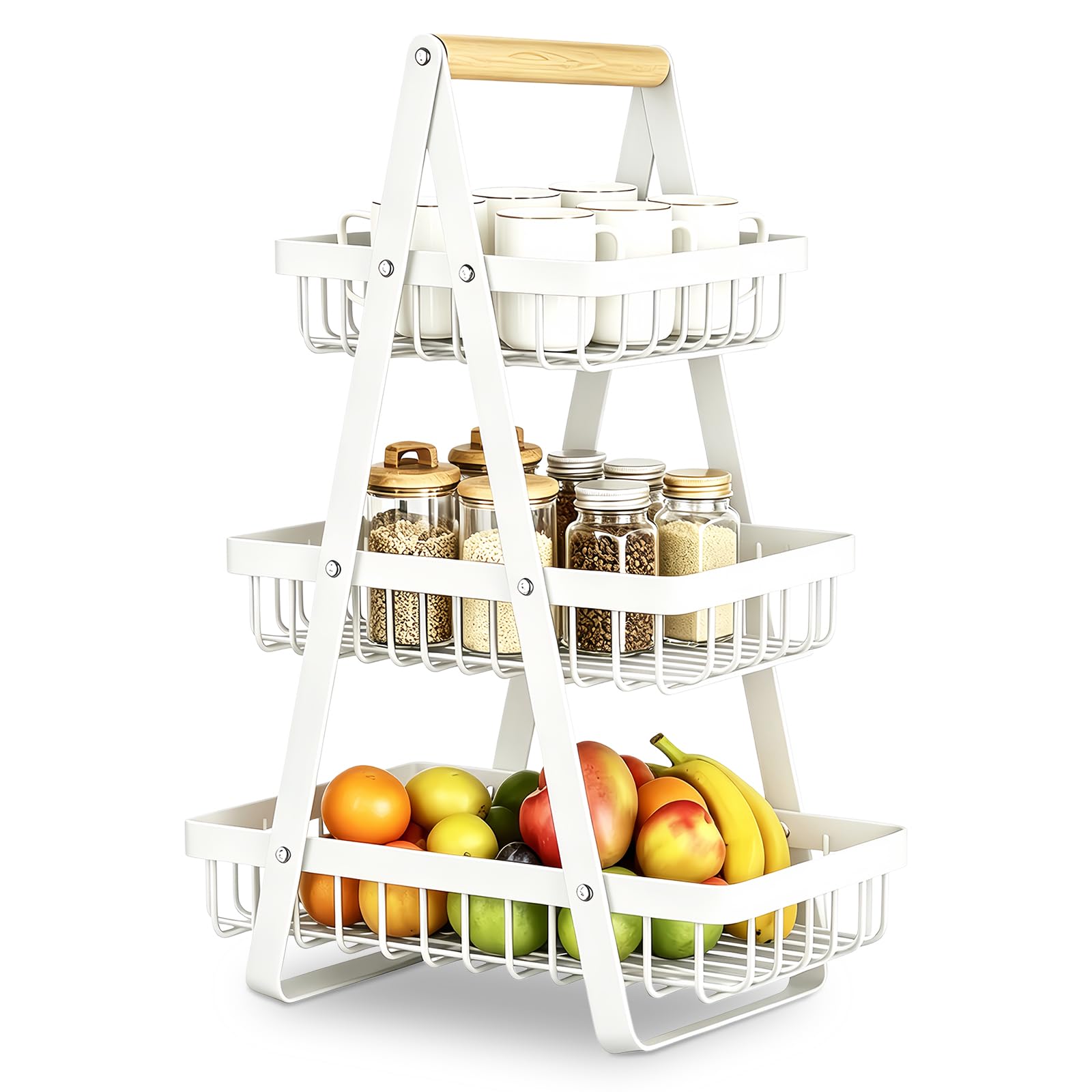 LLHONG 3 Tier Fruit Basket, Vegetable Rack, Detachable Mesh Fruit Basket With Wooden Handle, Vegetable Storage Rack For Kitchens, Home Store Vegetables, Pastries, Snacks, bread (White)