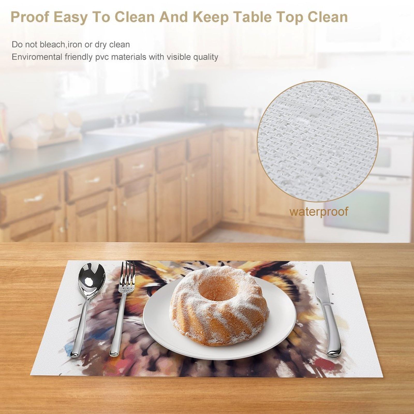 Set di 6 tovagliette all'americana in PVC con testa di gufo, lavabili, resistenti al calore, antiscivolo, impermeabili, per interni ed esterni, tavolo da pranzo, cucina, feste