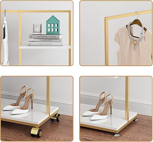 Miniatura 5 de Perchero de ropa resistente con estantes para colgar ropa, perchero independiente de metal dorado para exhibición minorista (47.24 pulgadas de largo)