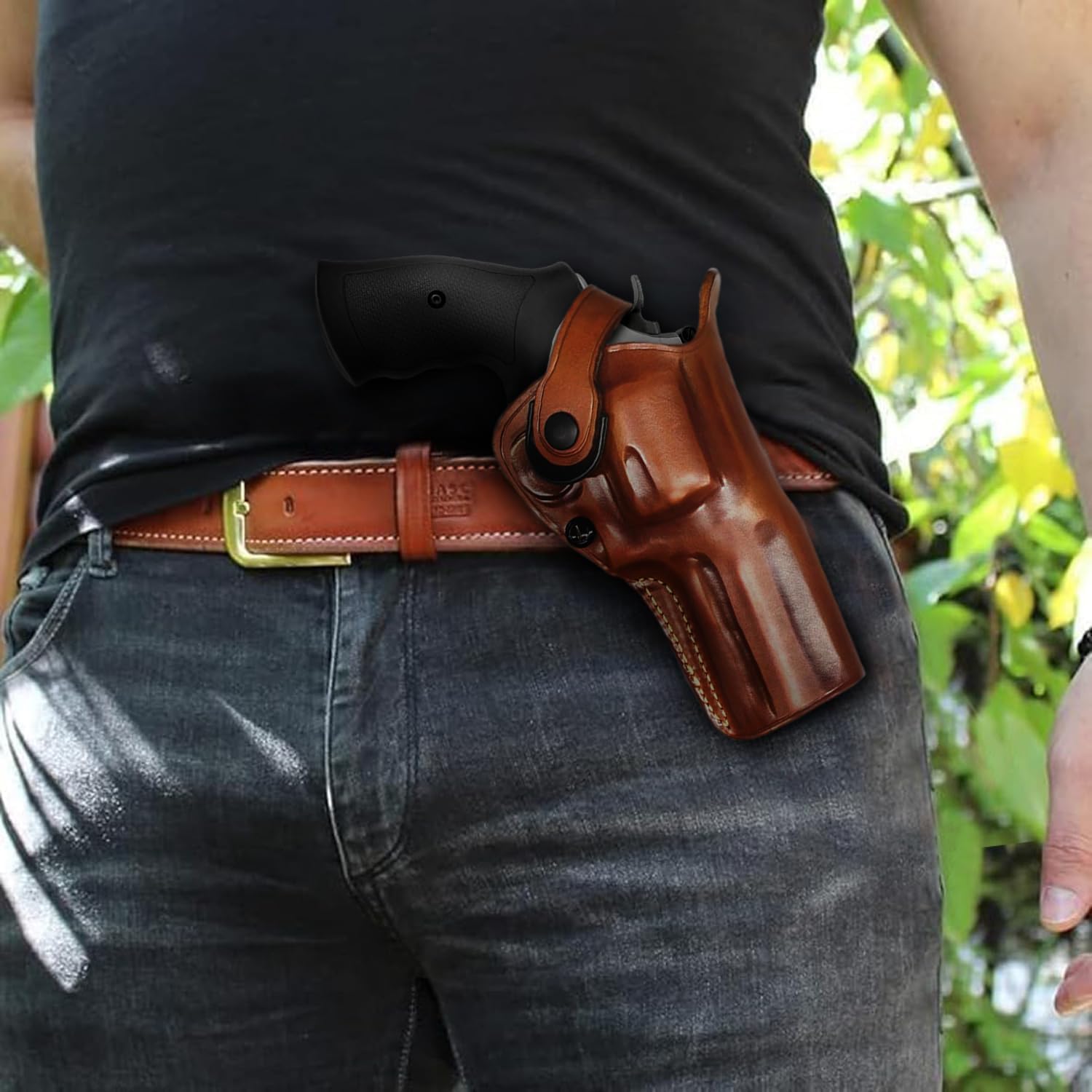Masc OWB Leather Paddle Revolver Holster with Retention Strap, Fits Model 686 Plus .357 Mag 7-Shot 4-inch, Right Hand Draw Brown Color #1509#