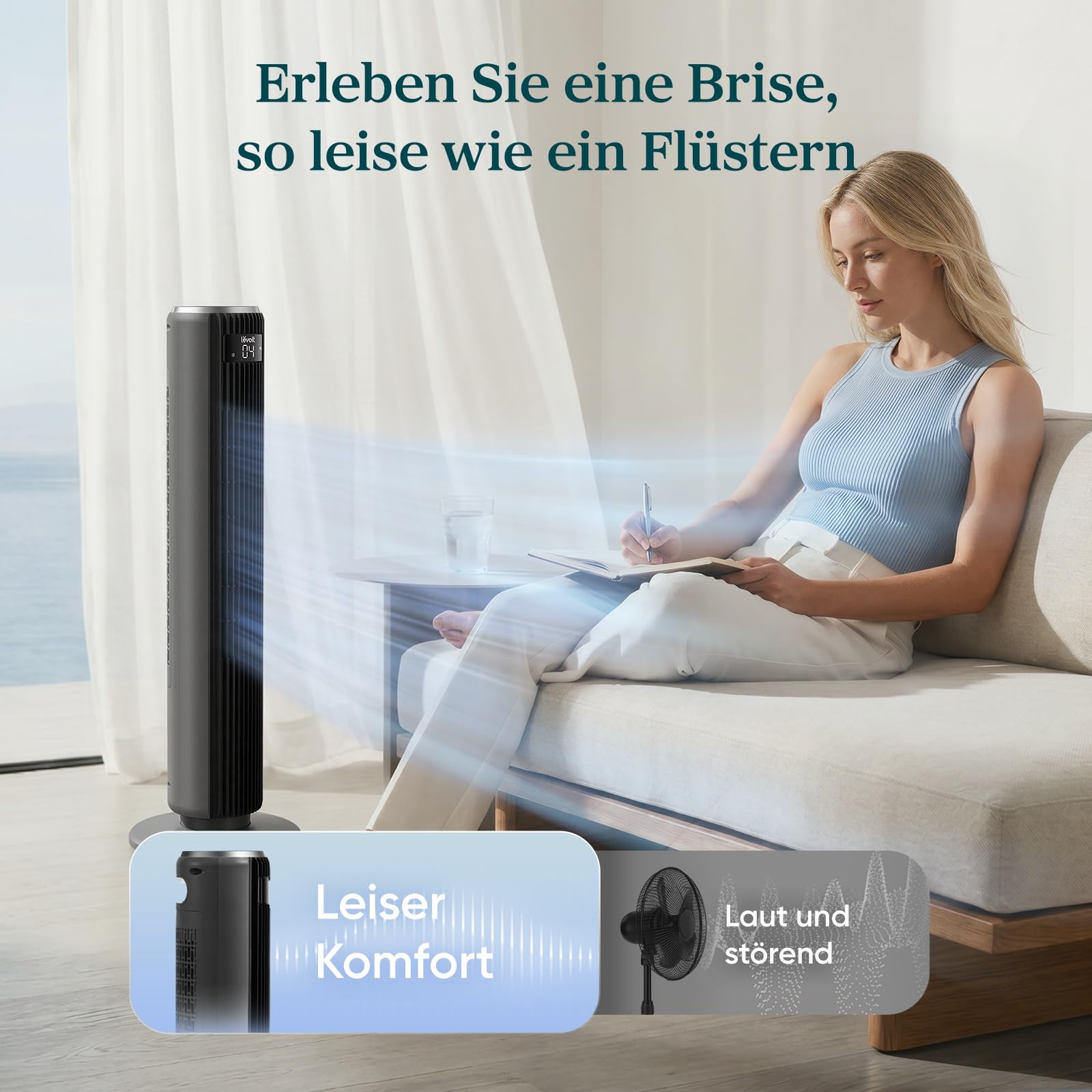 Levoit Turmventilator mit Fernbedienung, oszillierender Säulenventilator, 5 Geschwindigkeiten, 4 Modi, 12 Std Timer, 92 cm, Mattgrau